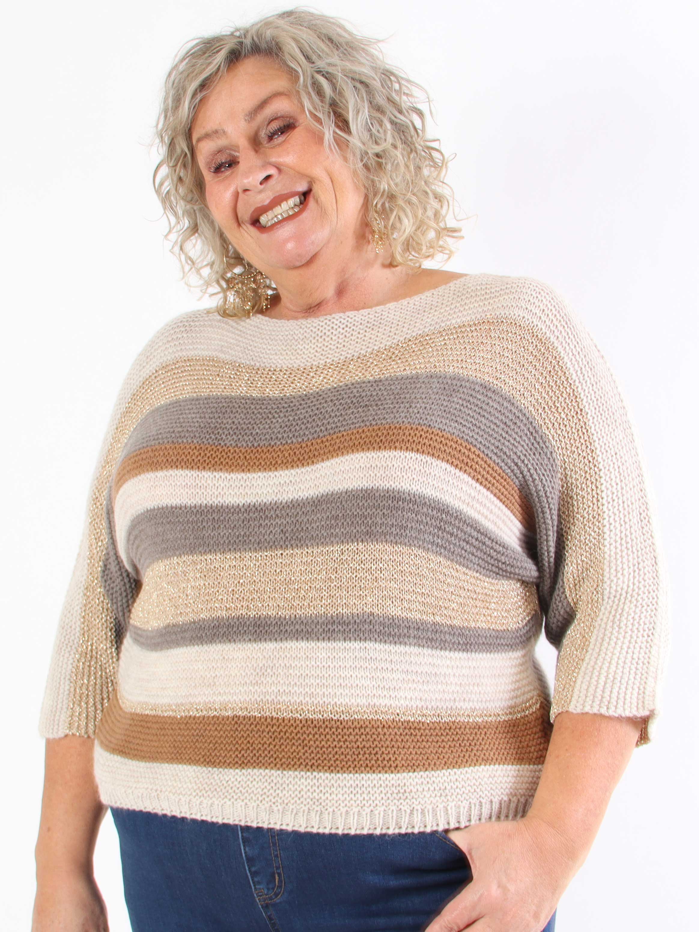 Nina - Plus size strikbluse med uld og guld striber