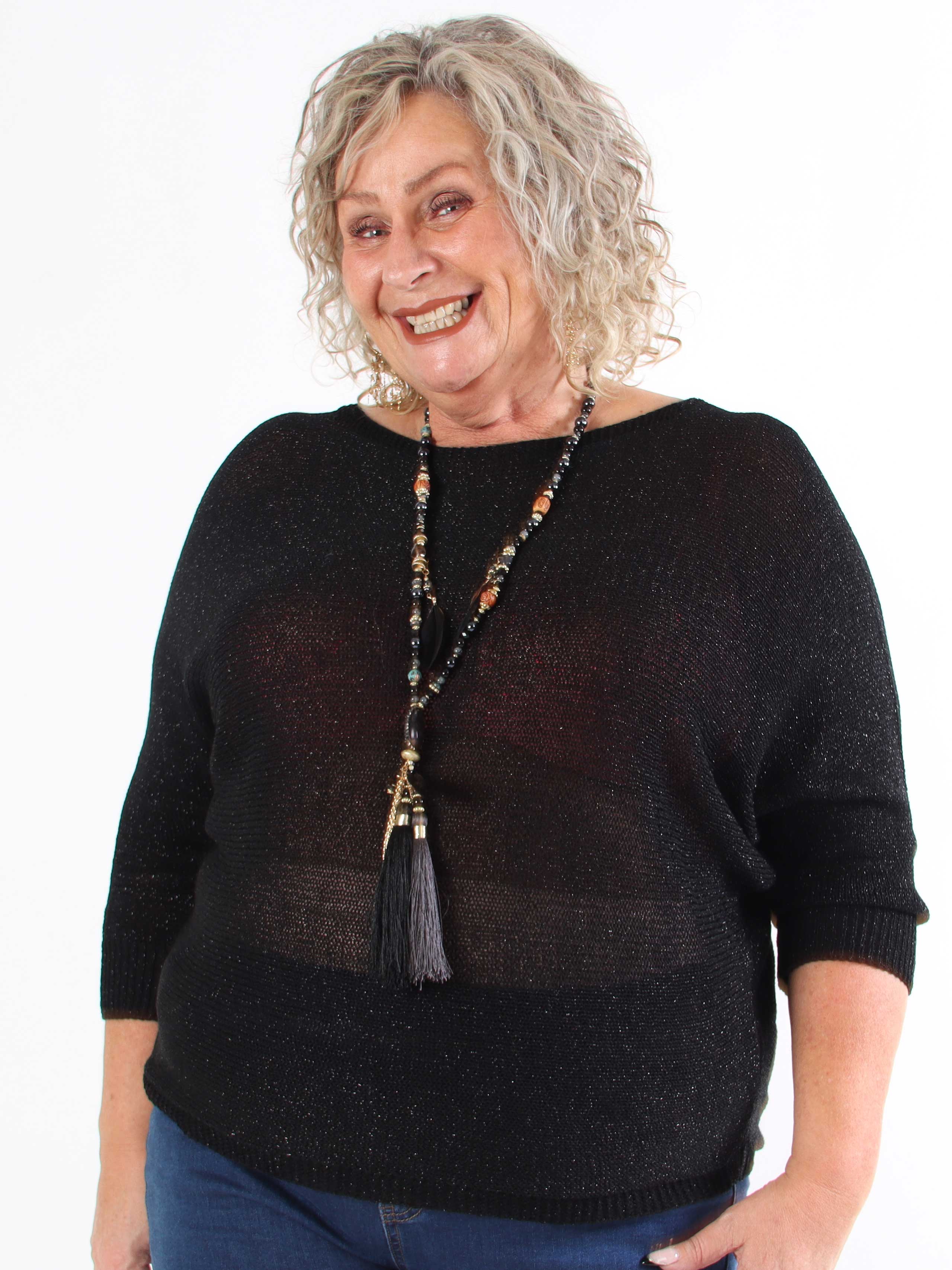 Paulina - Plus size strikbluse med glimmertråde og sløjfe