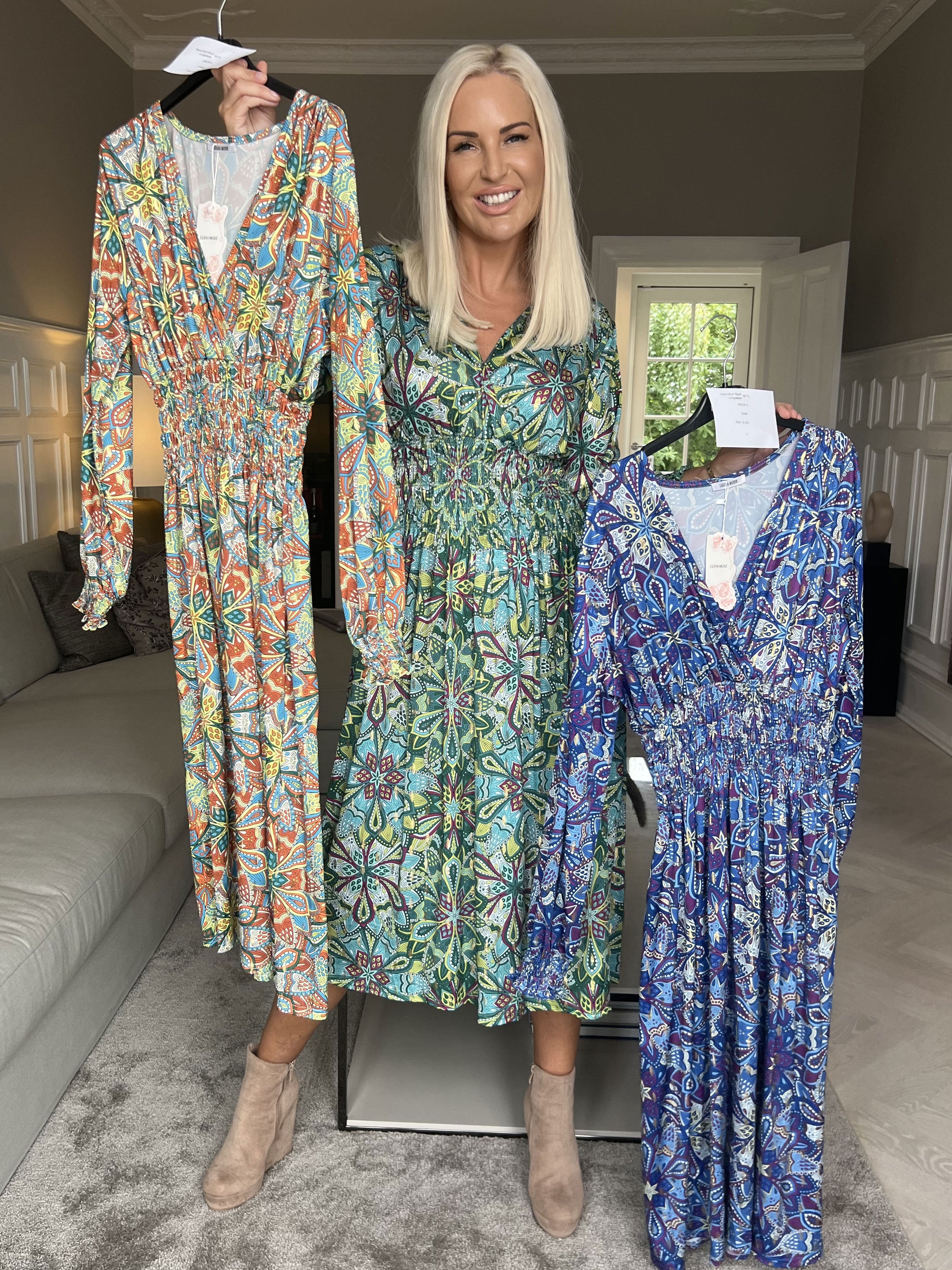 Pams Multi Midi L/S - Elastisk kjole i krølfrit stof med lange ærmer