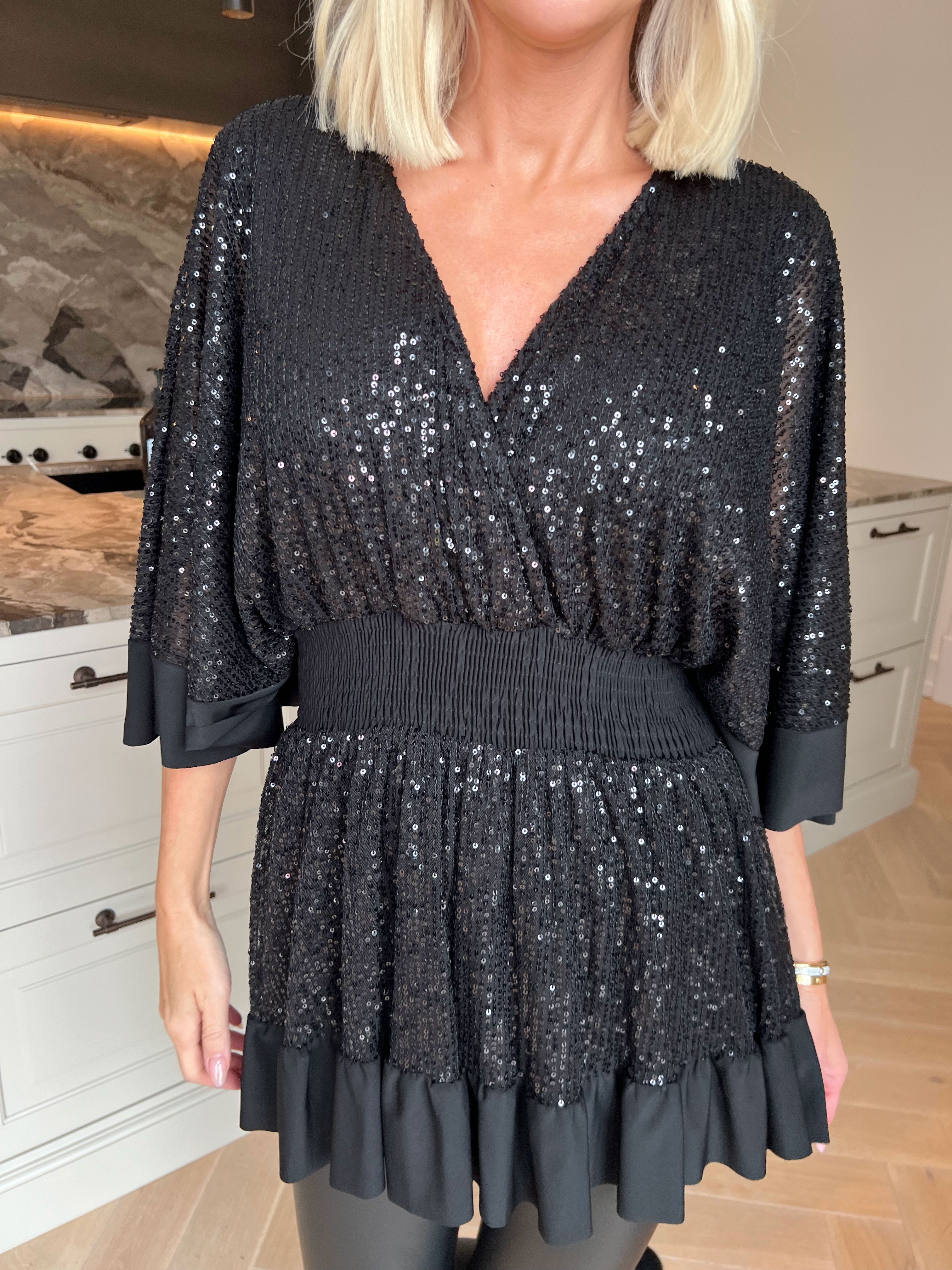 Pamela Glitter Shirt - Paillettunika med smock og flæser