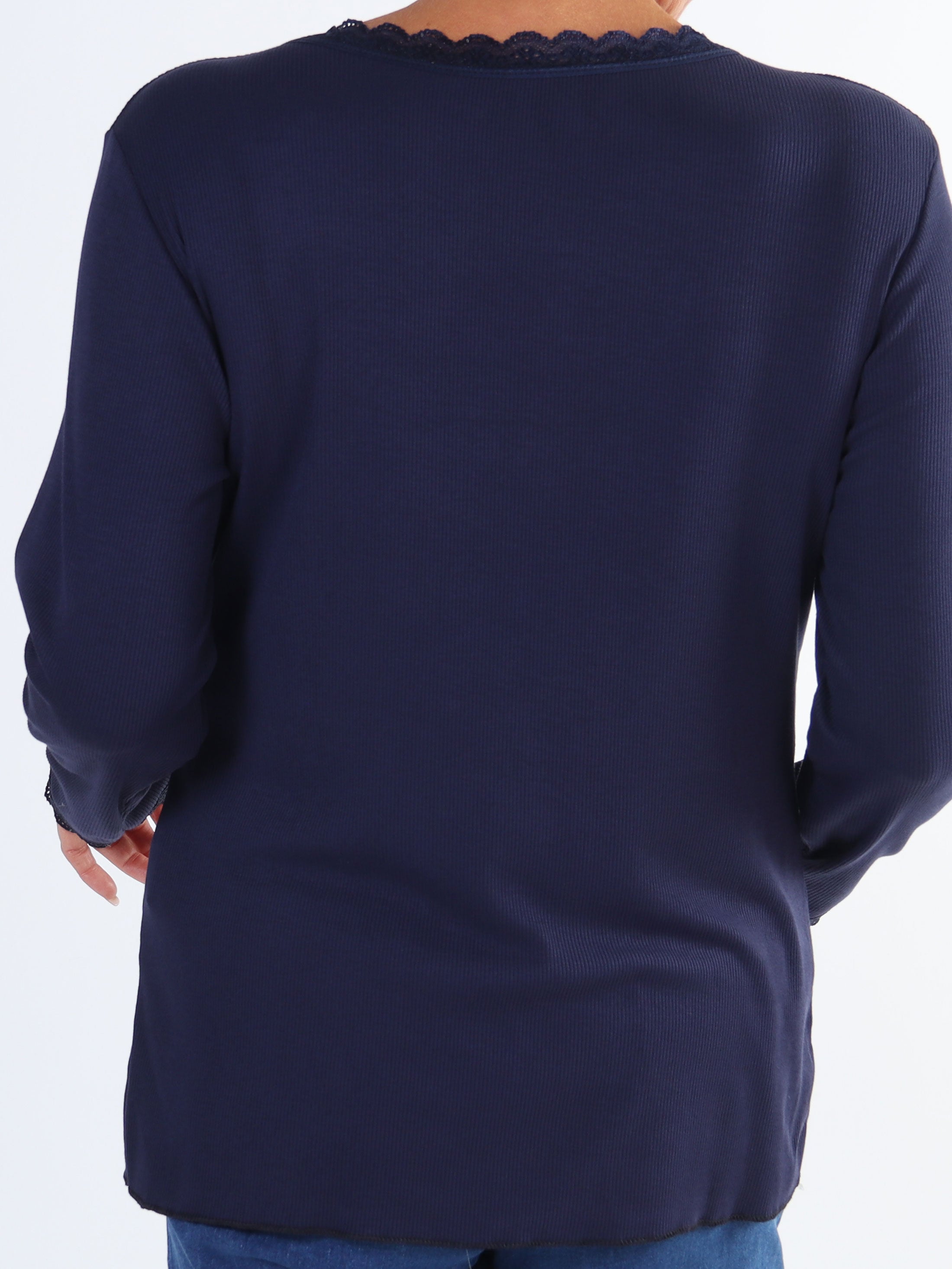 Ibina Long Sleeve - Plus size bluse med rib og blondekanter