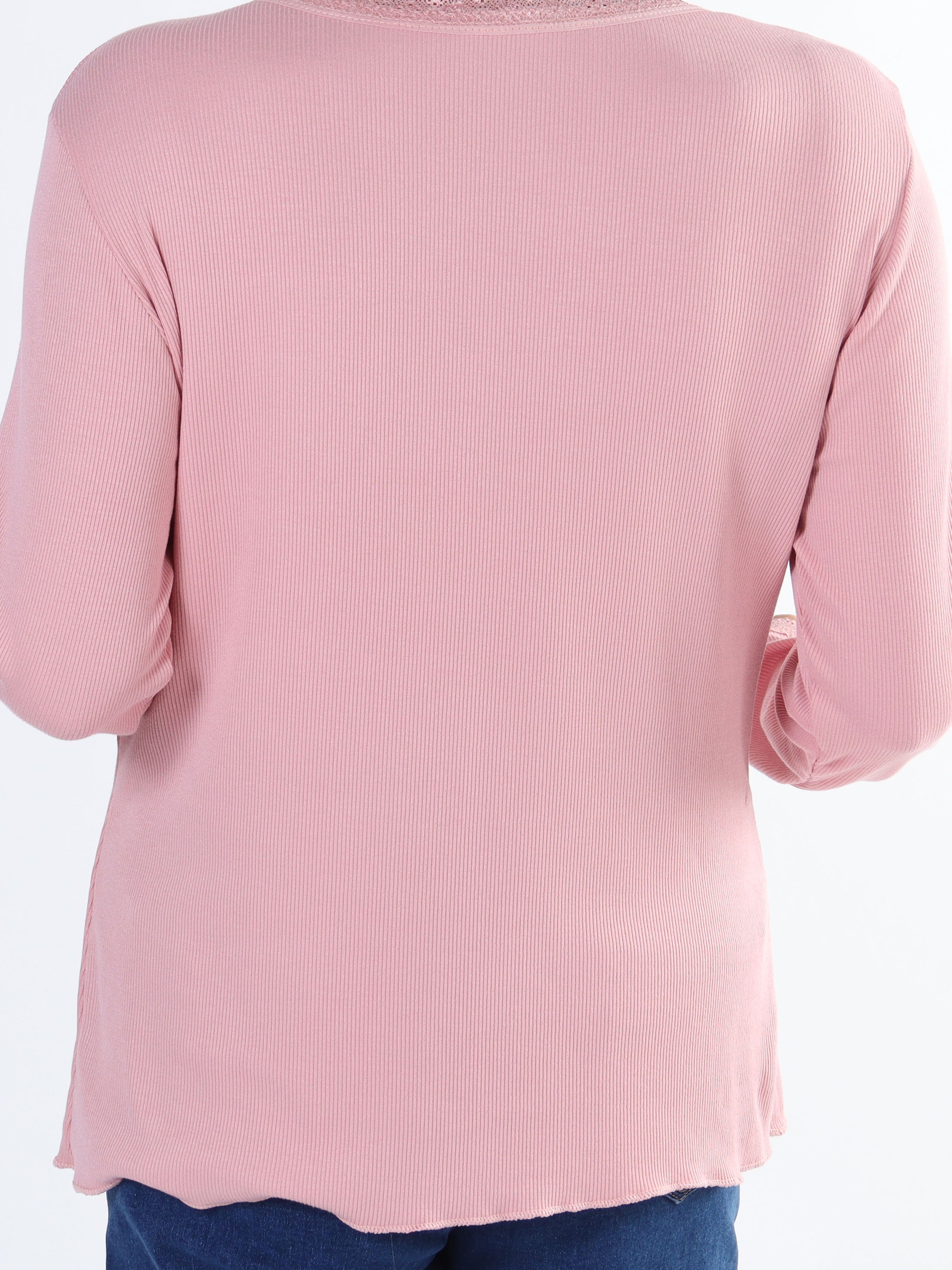 Ibina Long Sleeve - Plus size bluse med rib og blondekanter