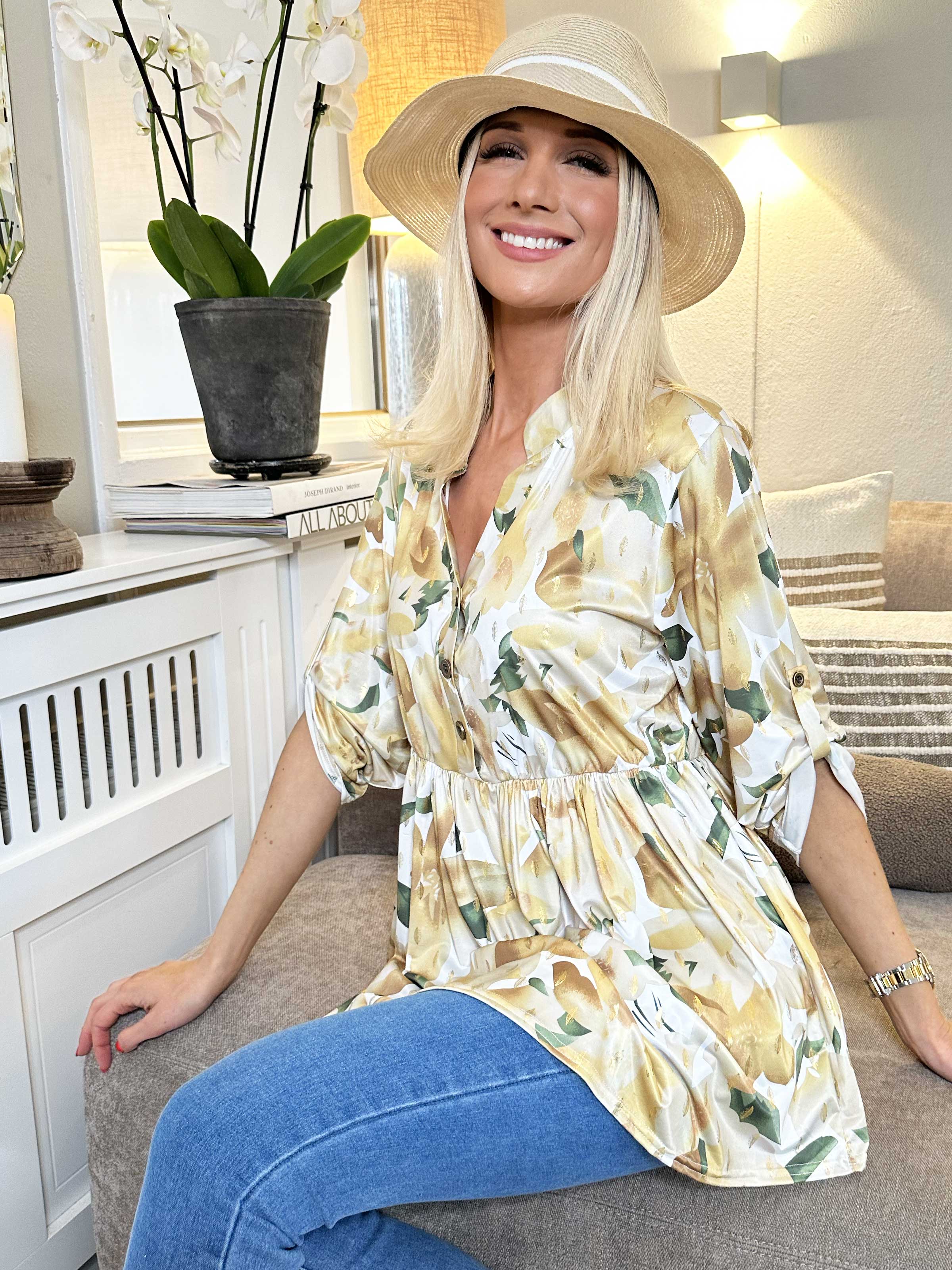 Katja Flower - Elastisk tunika i blomsterprint med elastik i taljen