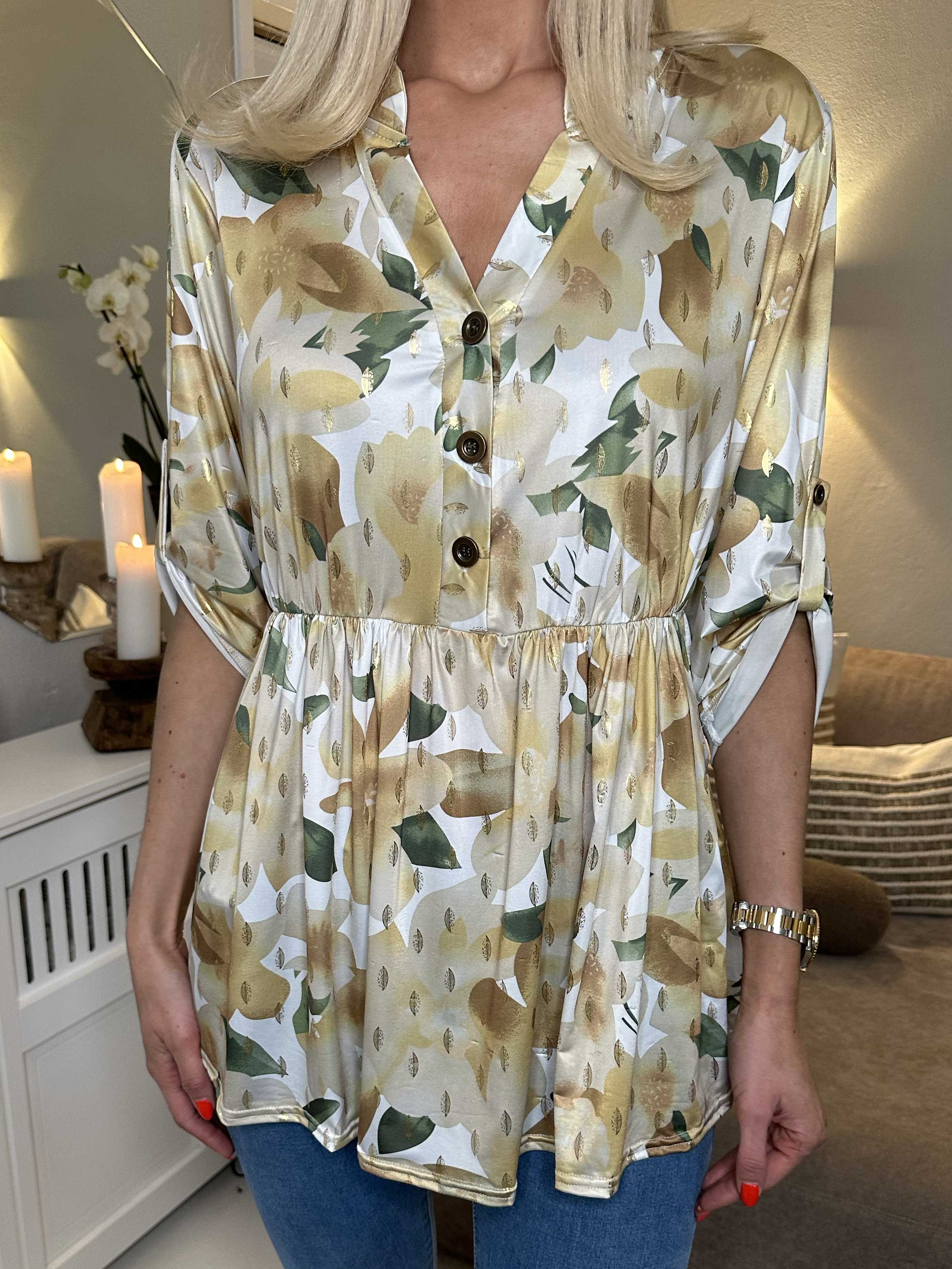 Katja Flower - Elastisk tunika i blomsterprint med elastik i taljen