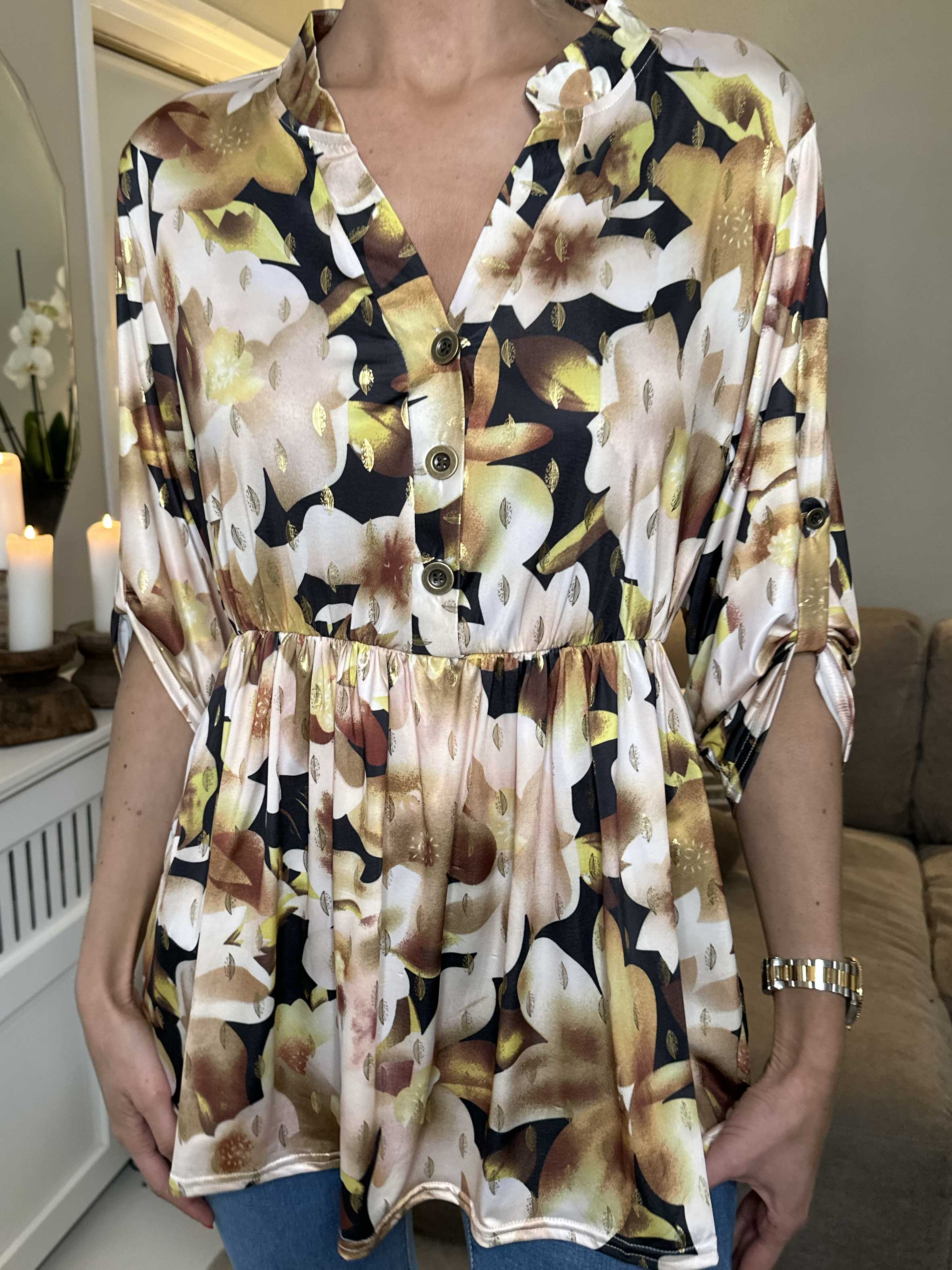 Katja Flower - Elastisk tunika i blomsterprint med elastik i taljen