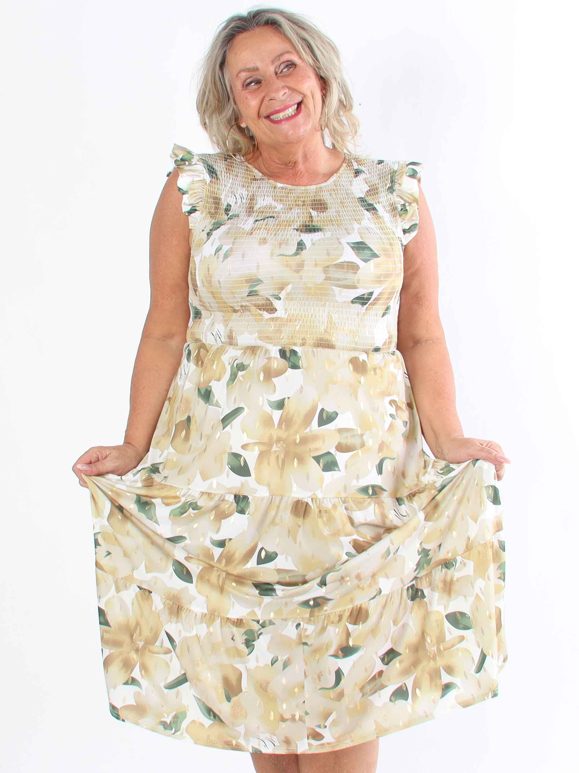 Kelly Floral Sleeveless - Blomstret plus size kjole med smock over brystet