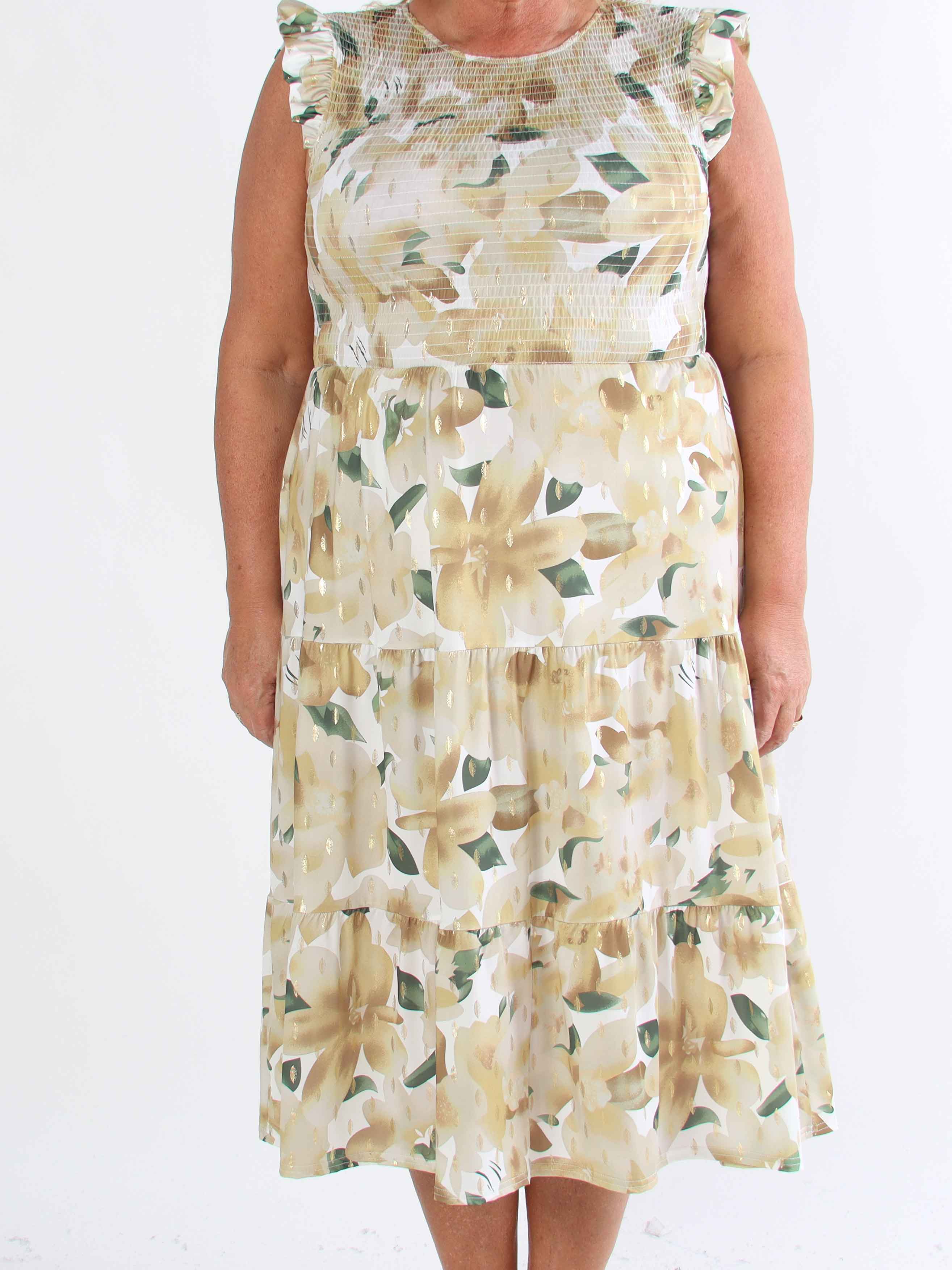 Kelly Floral Sleeveless - Blomstret plus size kjole med smock over brystet