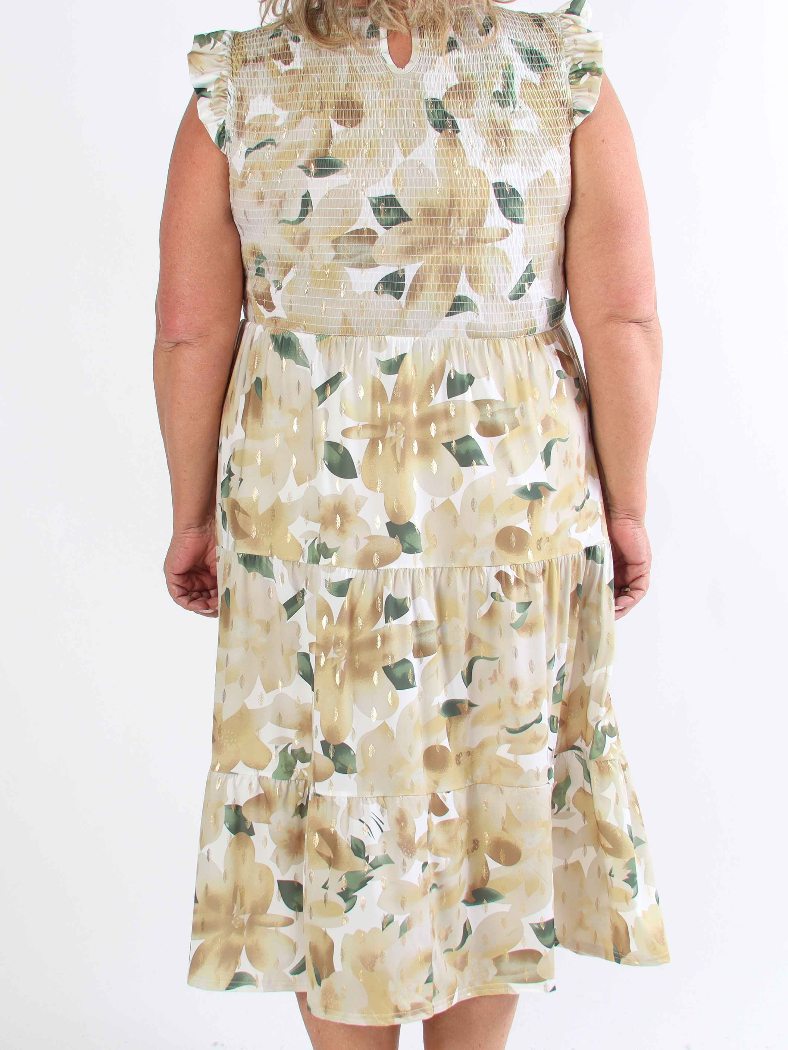Kelly Floral Sleeveless - Blomstret plus size kjole med smock over brystet