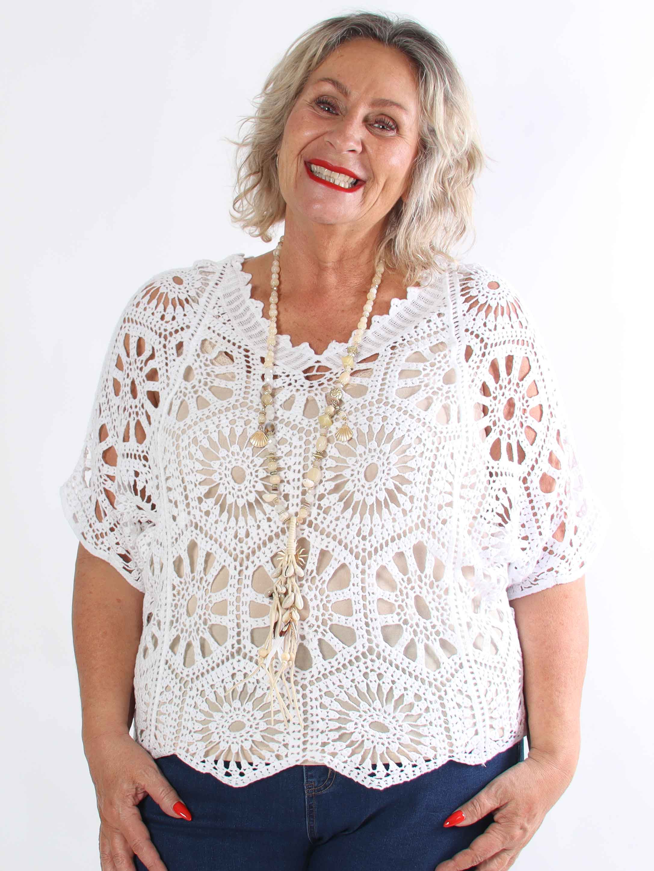 Laverna - Hæklet plus size tunika i bomuld med fint hulmønster