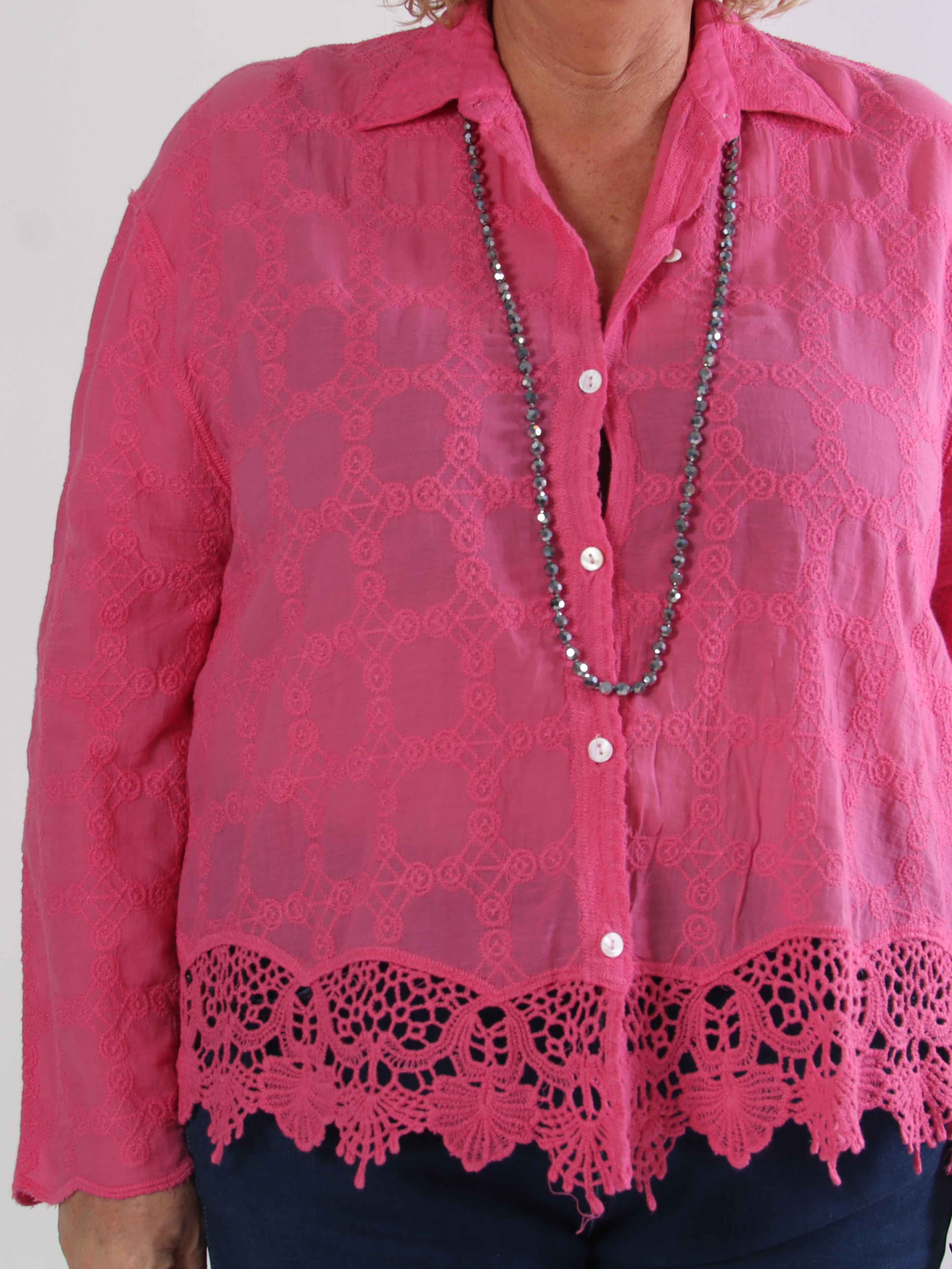 Litzy - Plus size bomuldsskjorte med fine broderier og blondekant