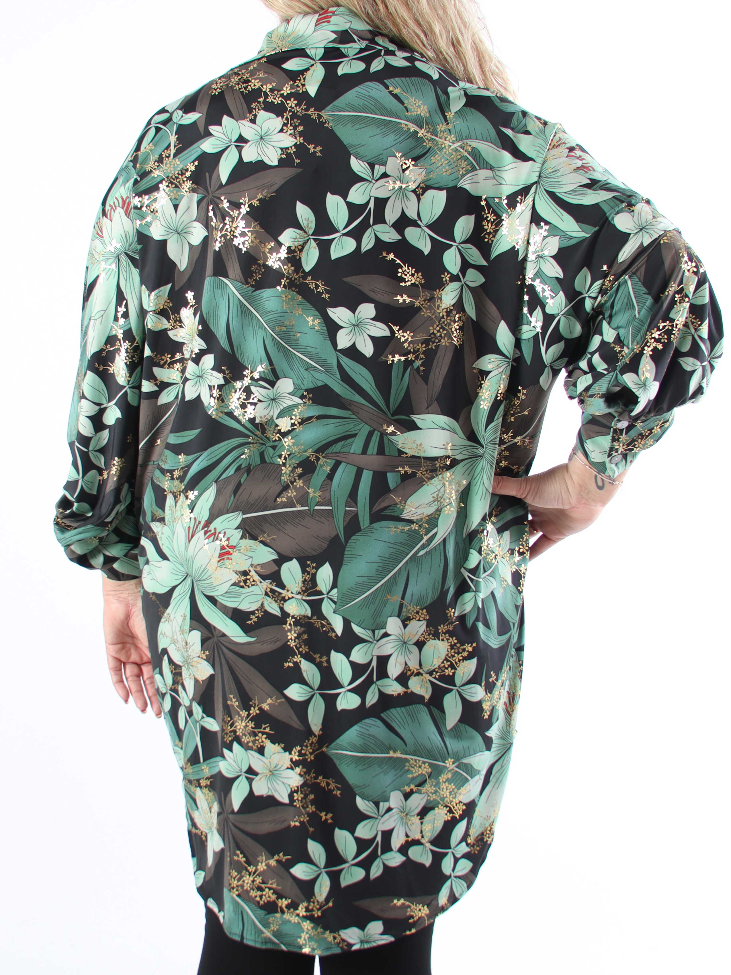 Mia Gold Flower - Elastisk plus size skjortekjole med blomsterprint