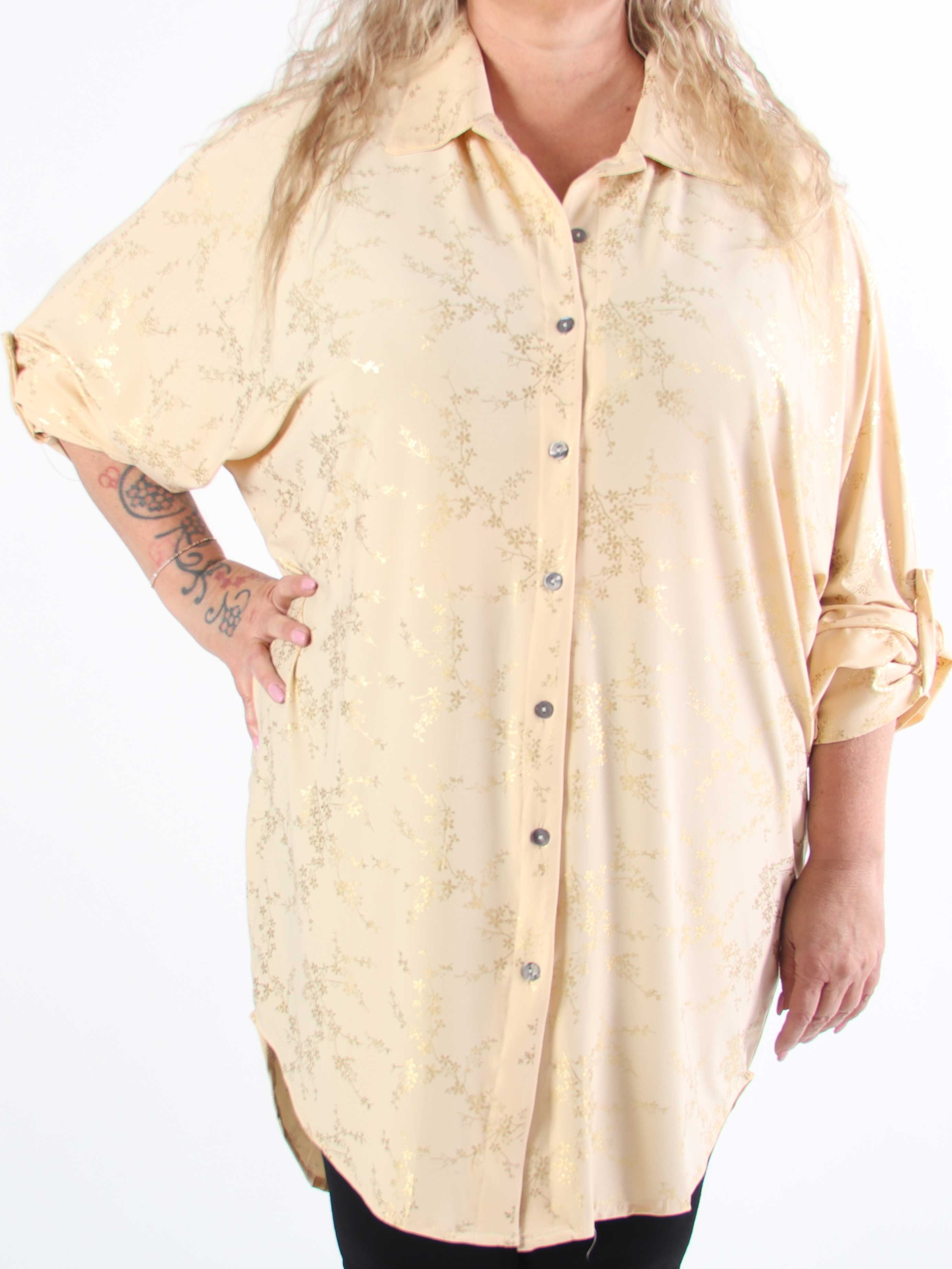 Mia Gold - Elastisk plus size skjortekjole med gulddetaljer