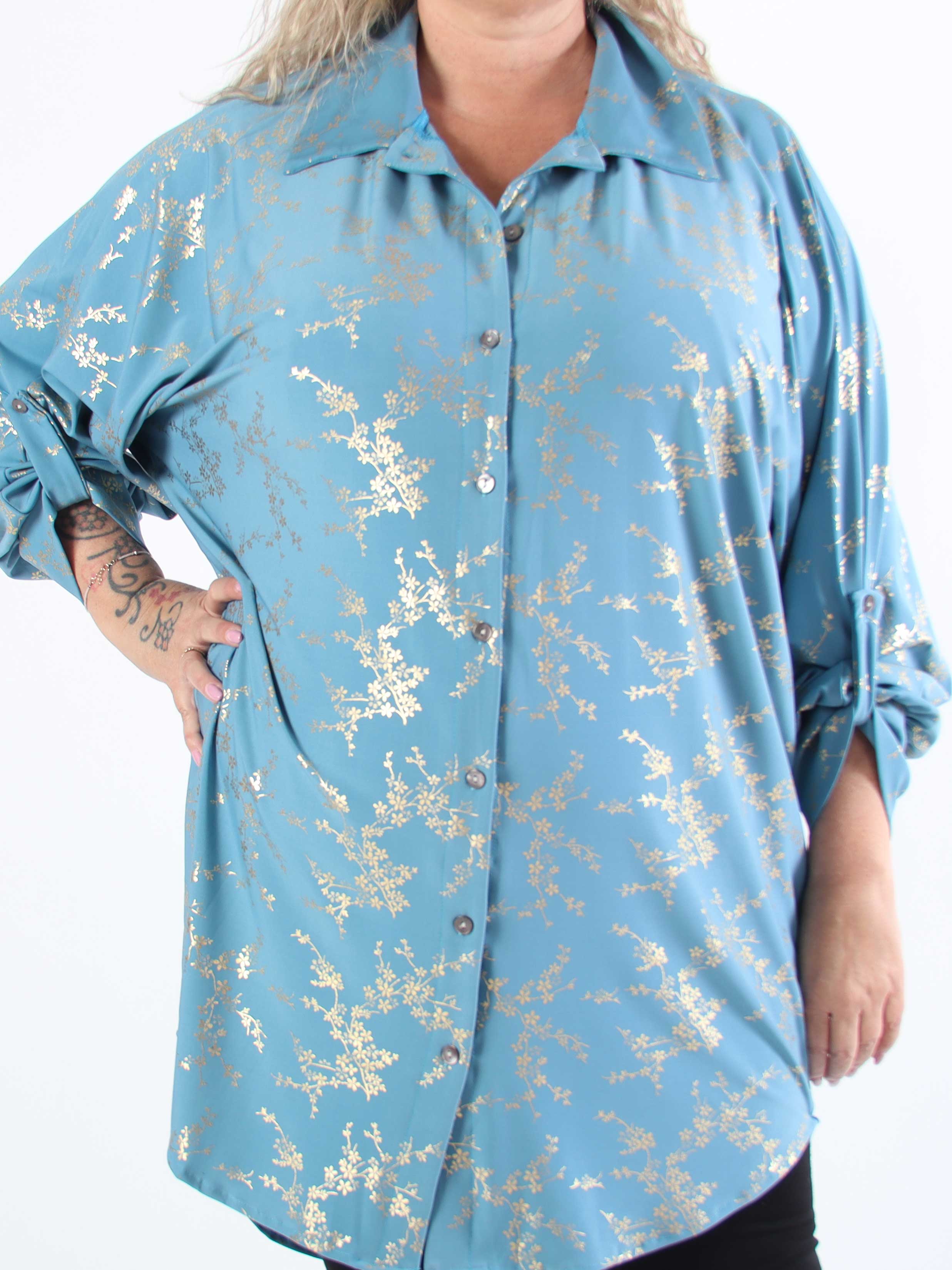 Mia Gold - Elastisk plus size skjortekjole med gulddetaljer