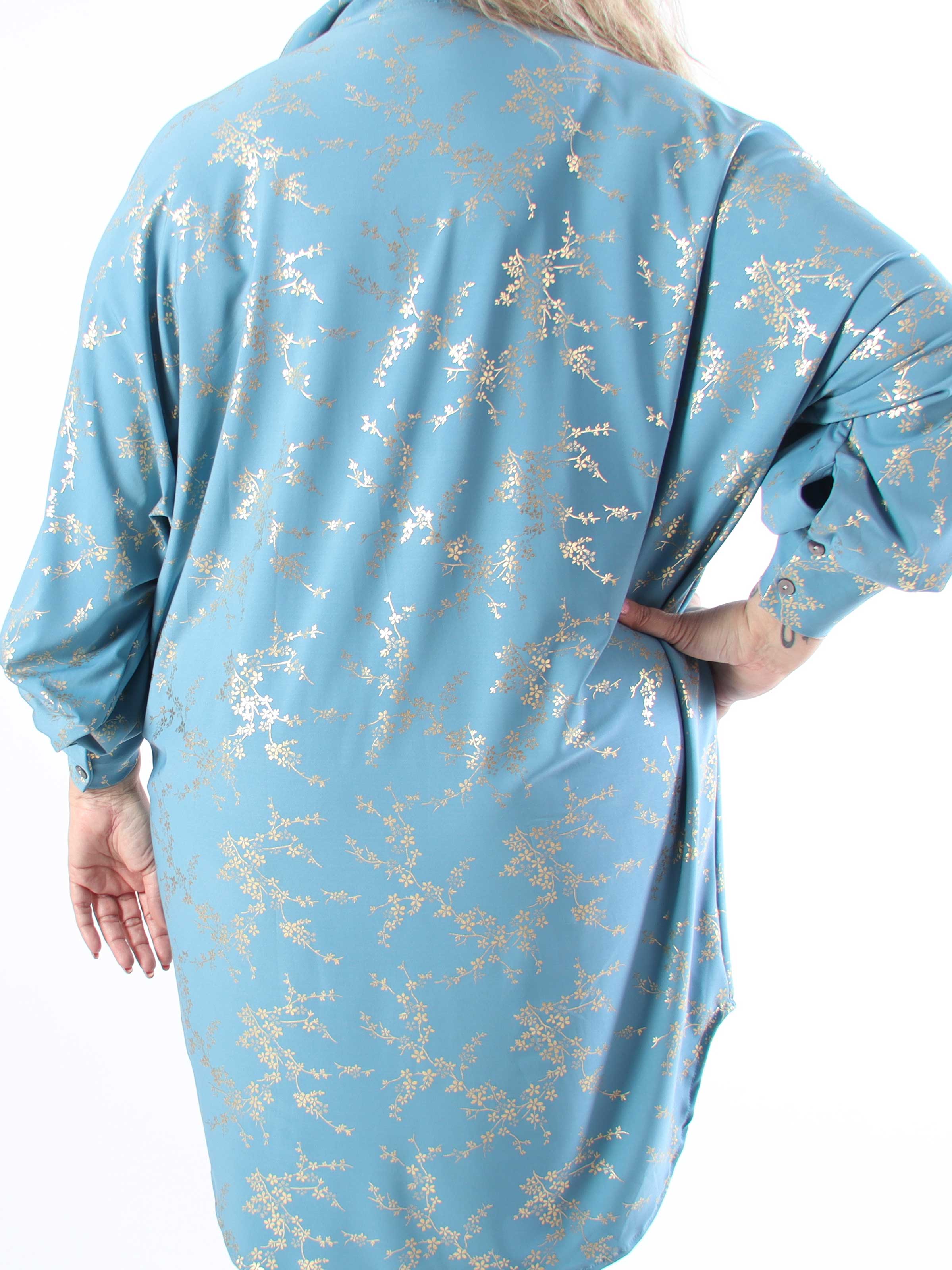 Mia Gold - Elastisk plus size skjortekjole med gulddetaljer