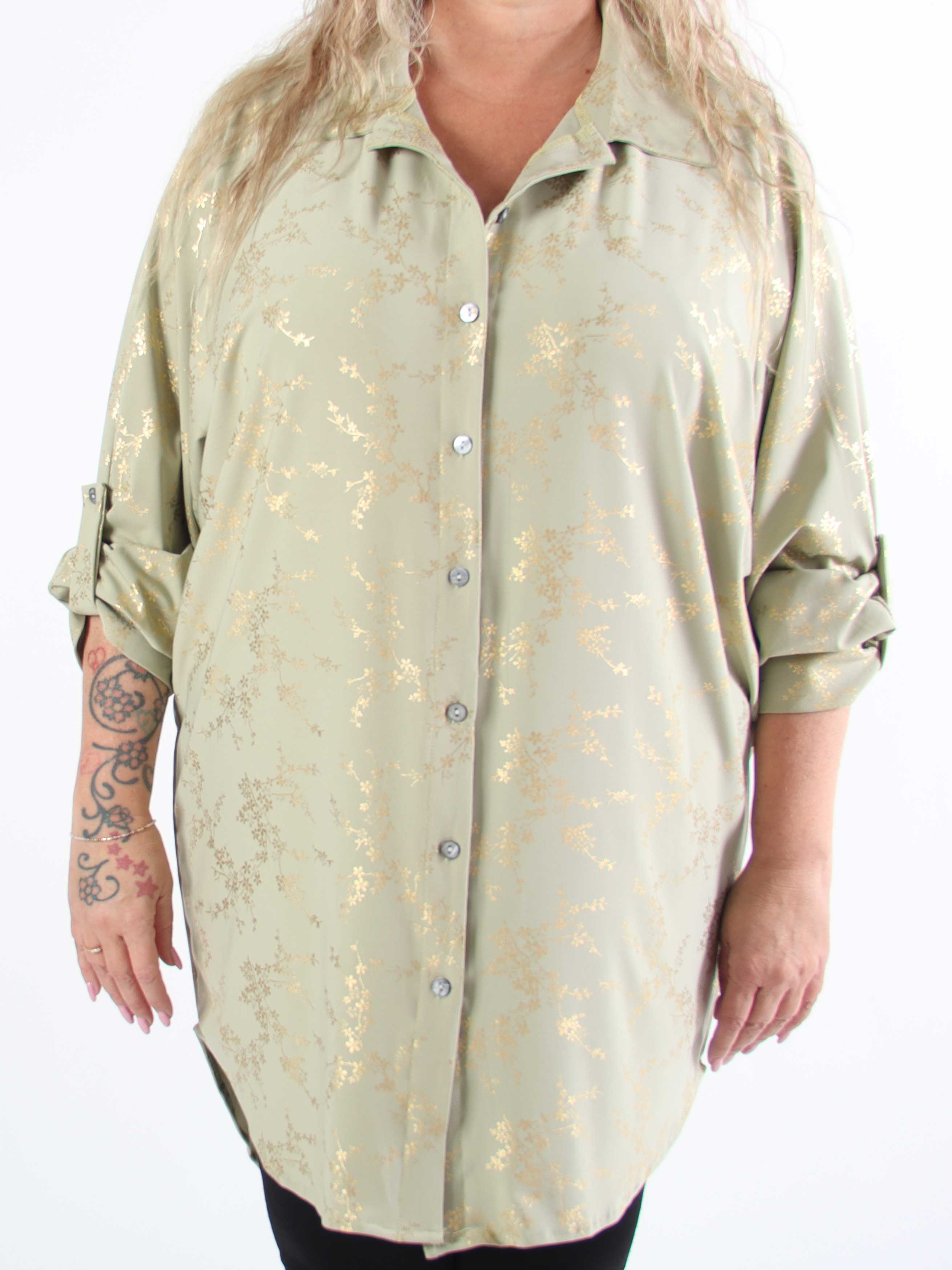 Mia Gold - Elastisk plus size skjortekjole med gulddetaljer