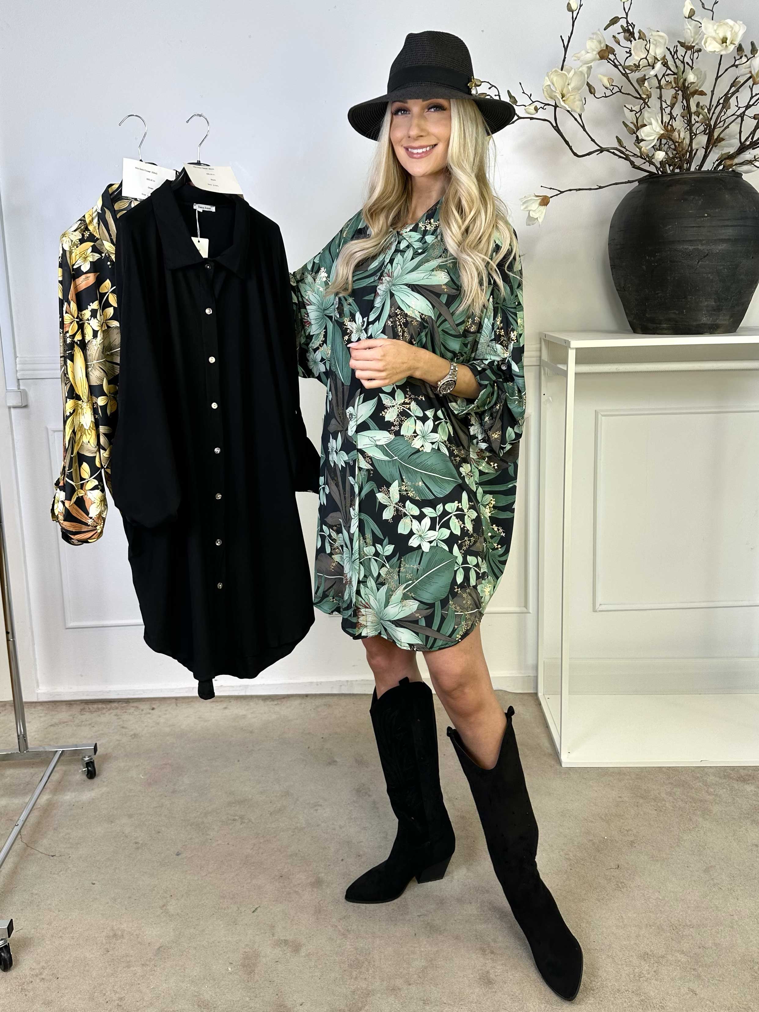 Mia Gold Flower - Elastisk skjortekjole med blomsterprint