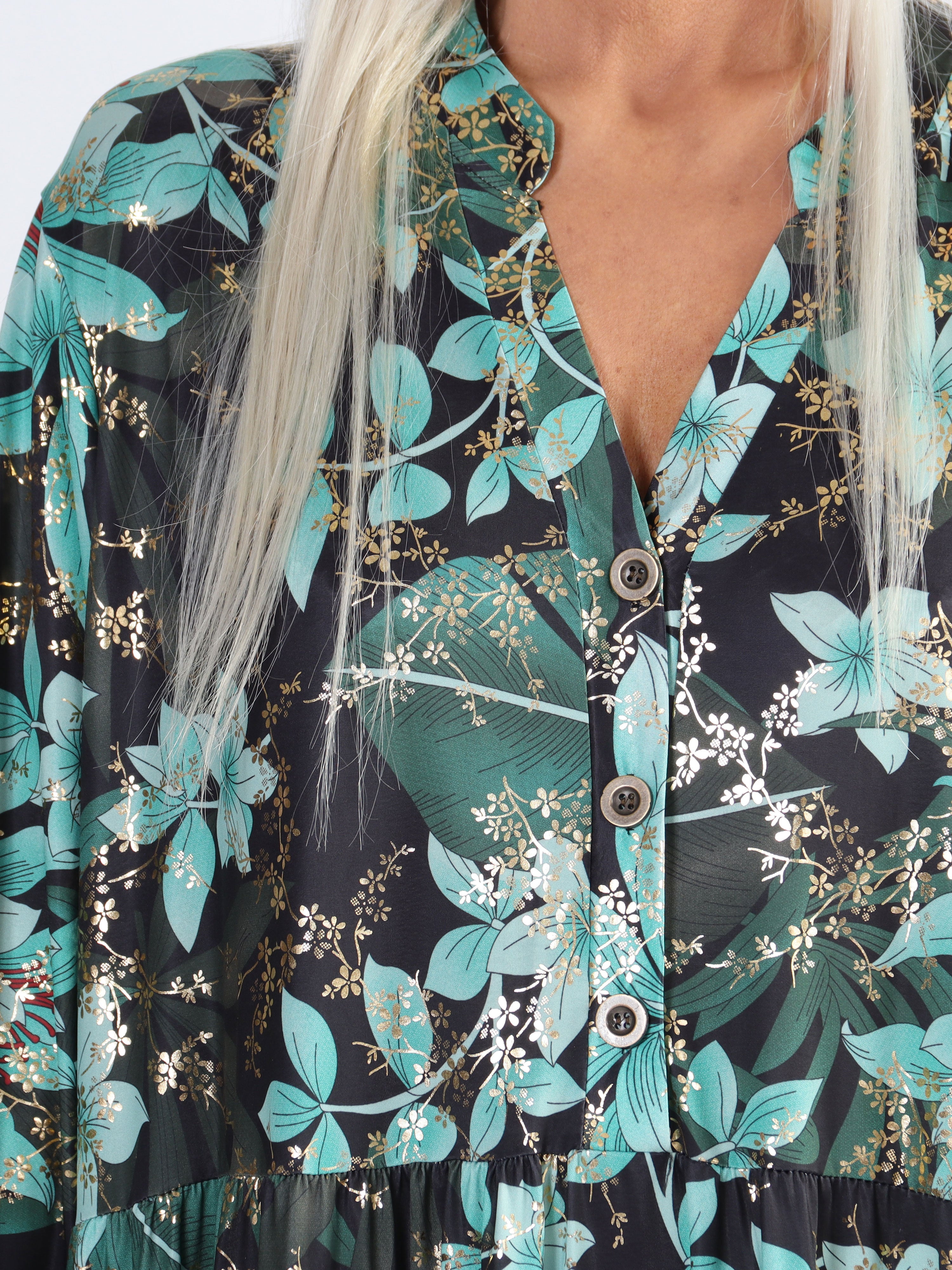 Milano Gold Flower - Lang plus size kjole med lag på lag look