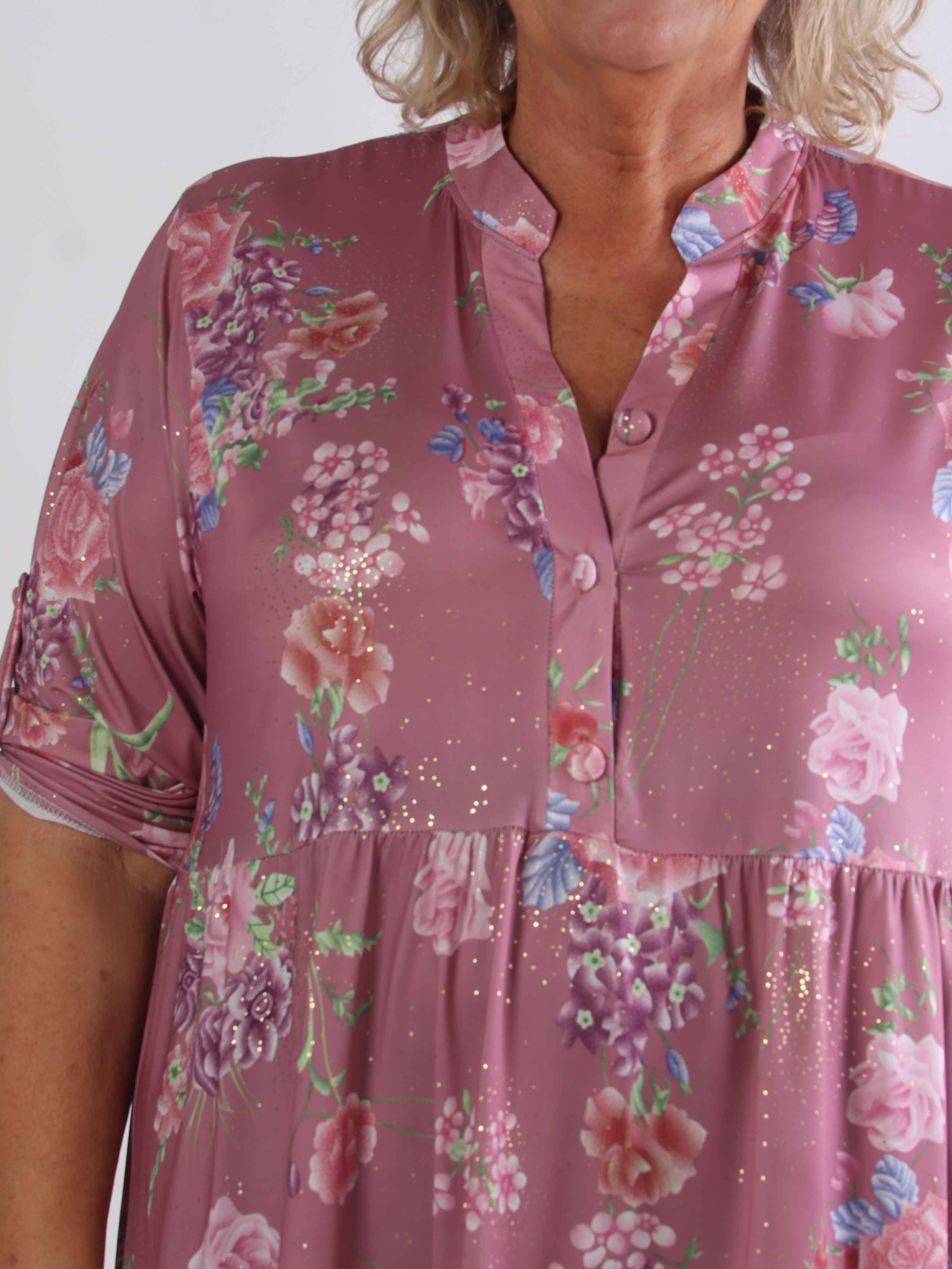 Milano Bouquet Midi - Plus size kjole med smukt blomsterprint og diskret guldglimmer