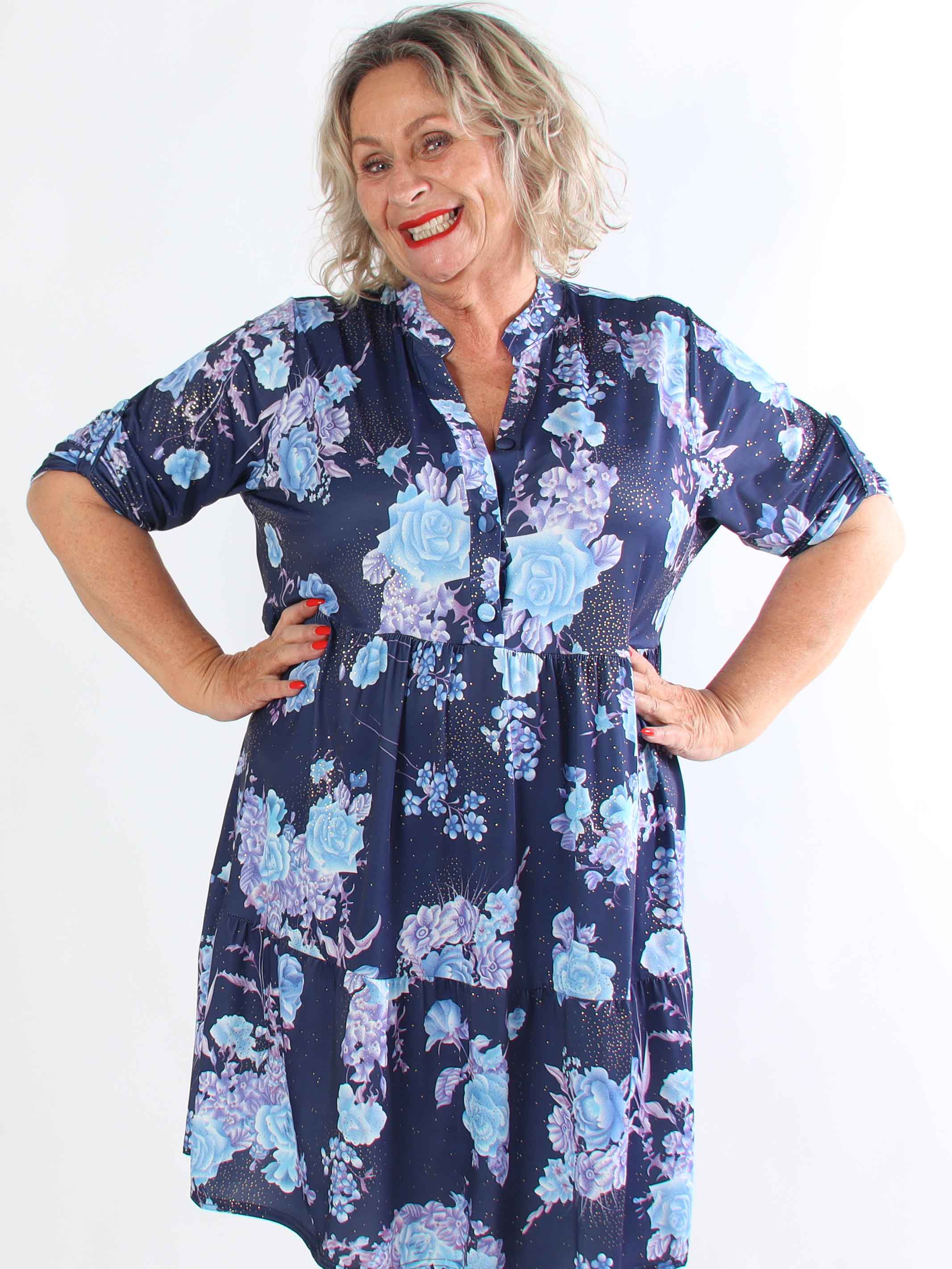 Milano Bouquet Midi - Plus size kjole med smukt blomsterprint og diskret guldglimmer