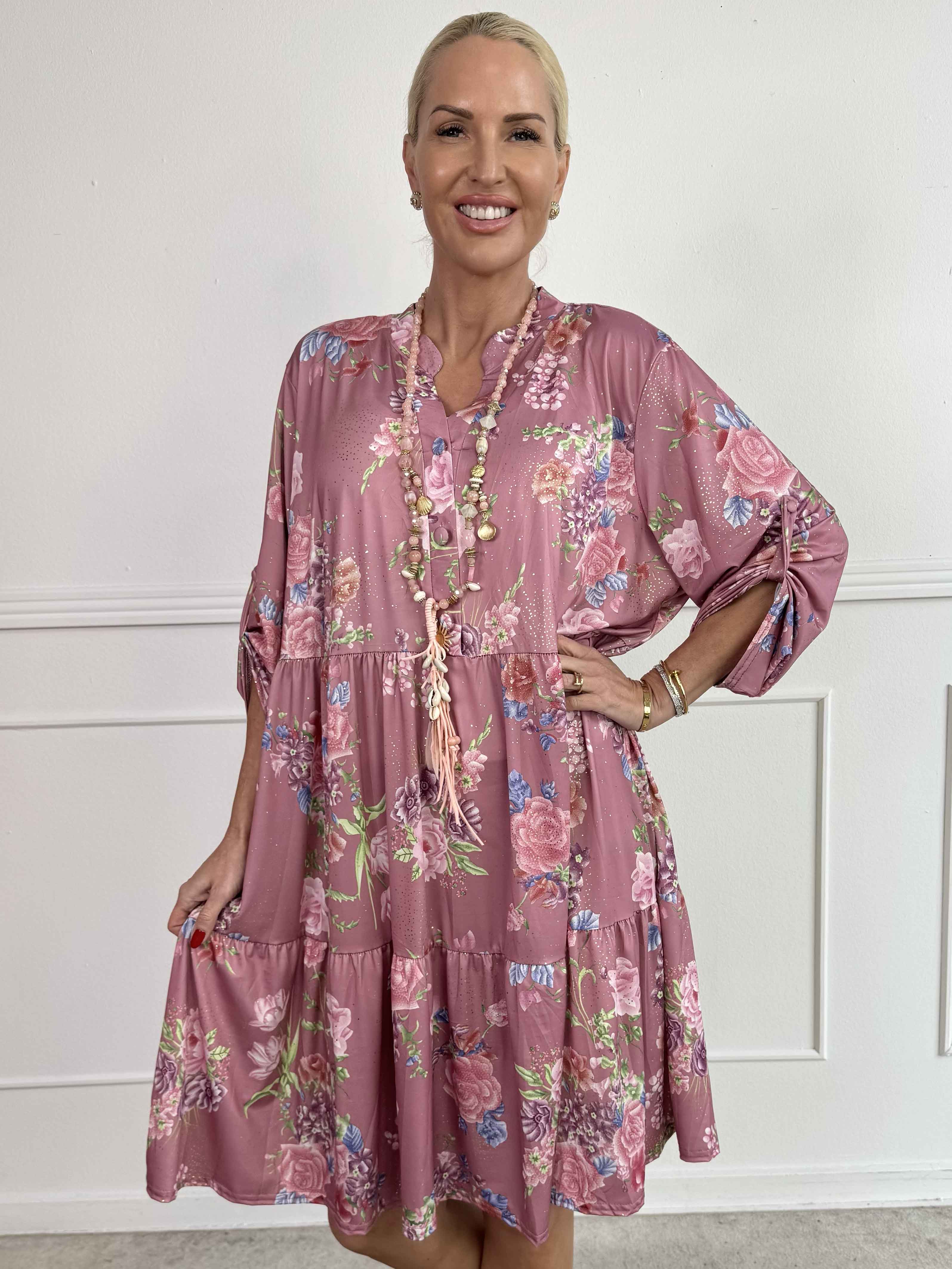 Milano Bouquet Midi - Elastisk kjole med smukt blomsterprint og diskret guldglimmer