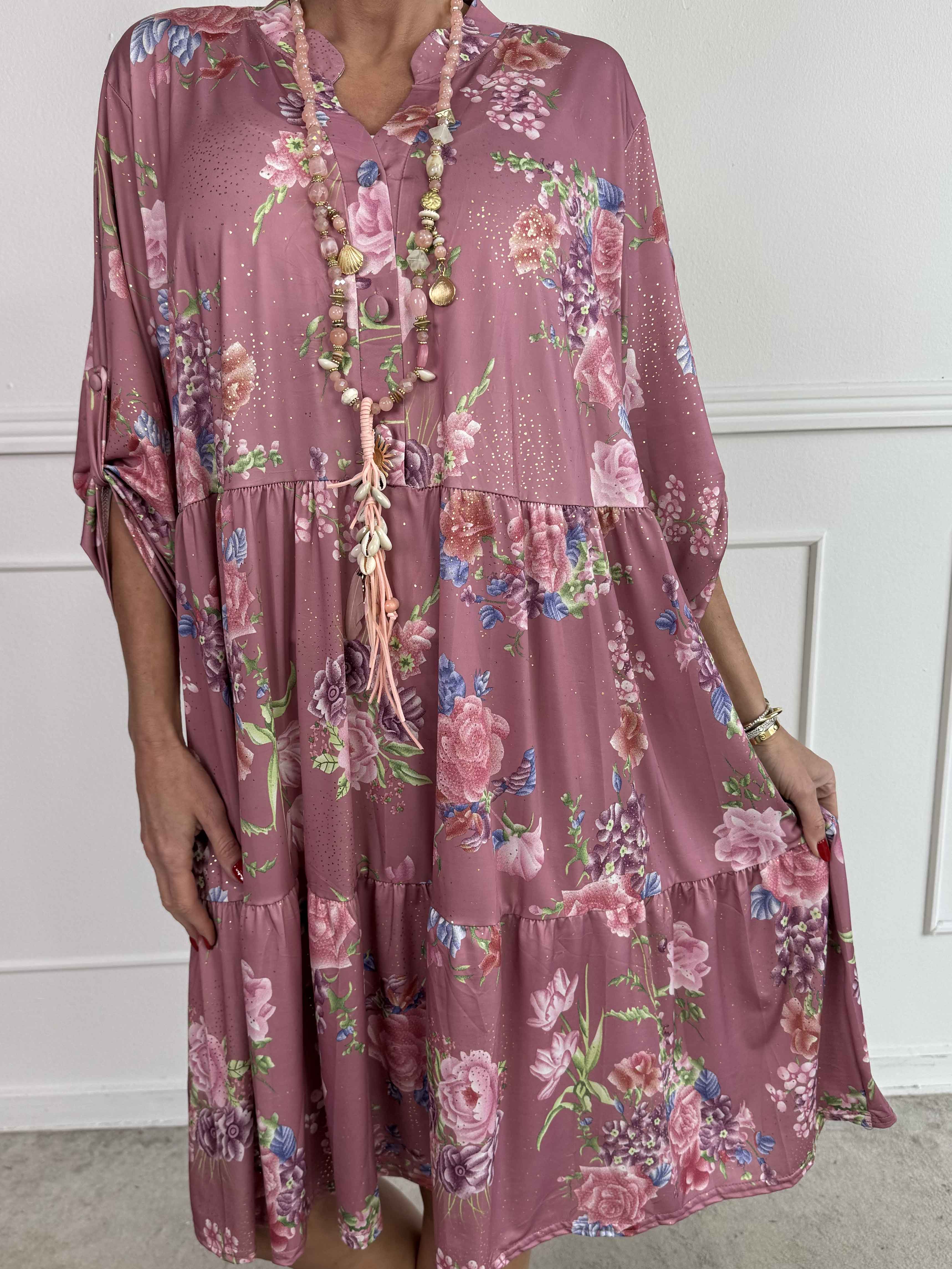 Milano Bouquet Midi - Elastisk kjole med smukt blomsterprint og diskret guldglimmer