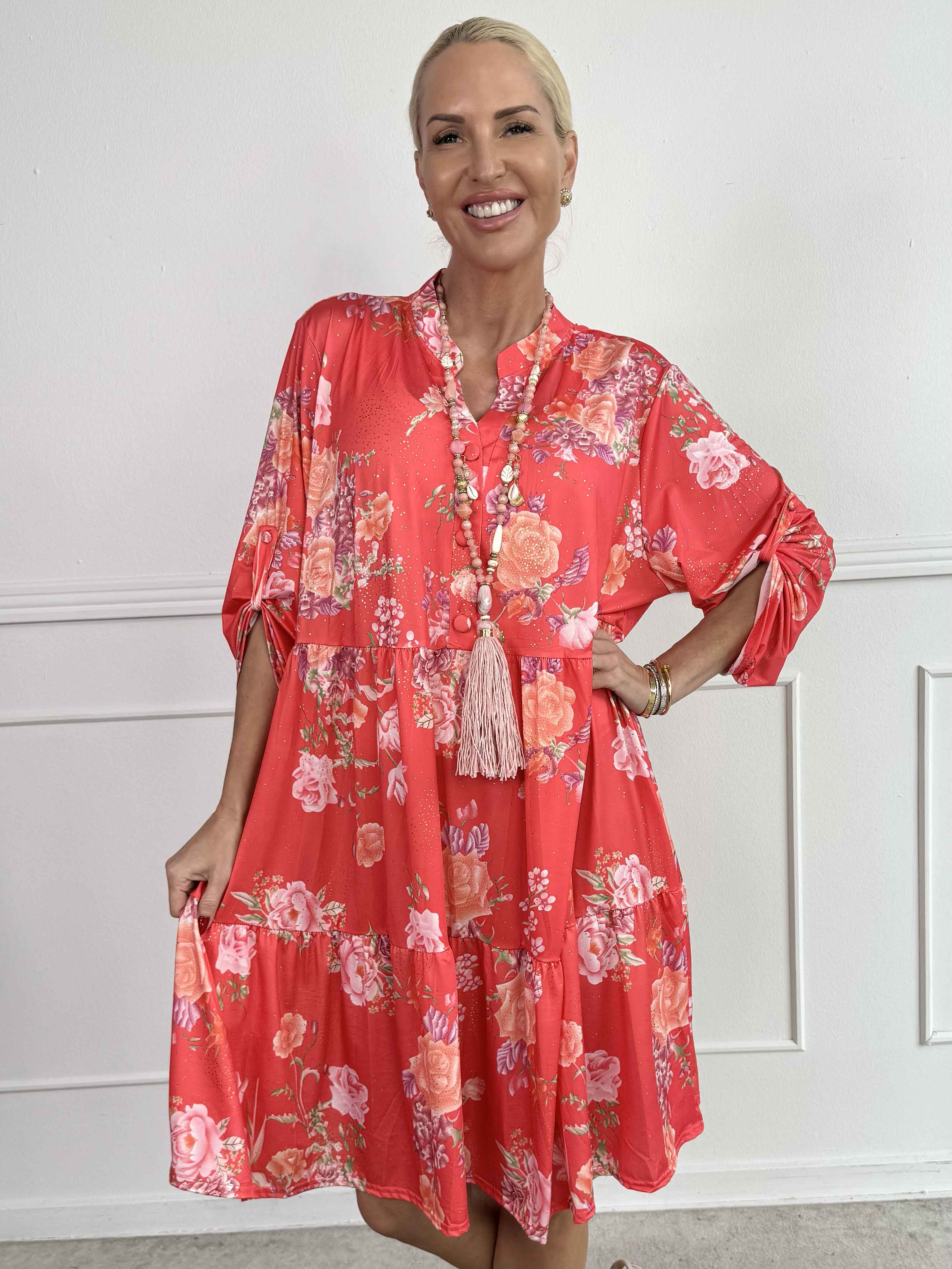 Milano Bouquet Midi - Elastisk kjole med smukt blomsterprint og diskret guldglimmer