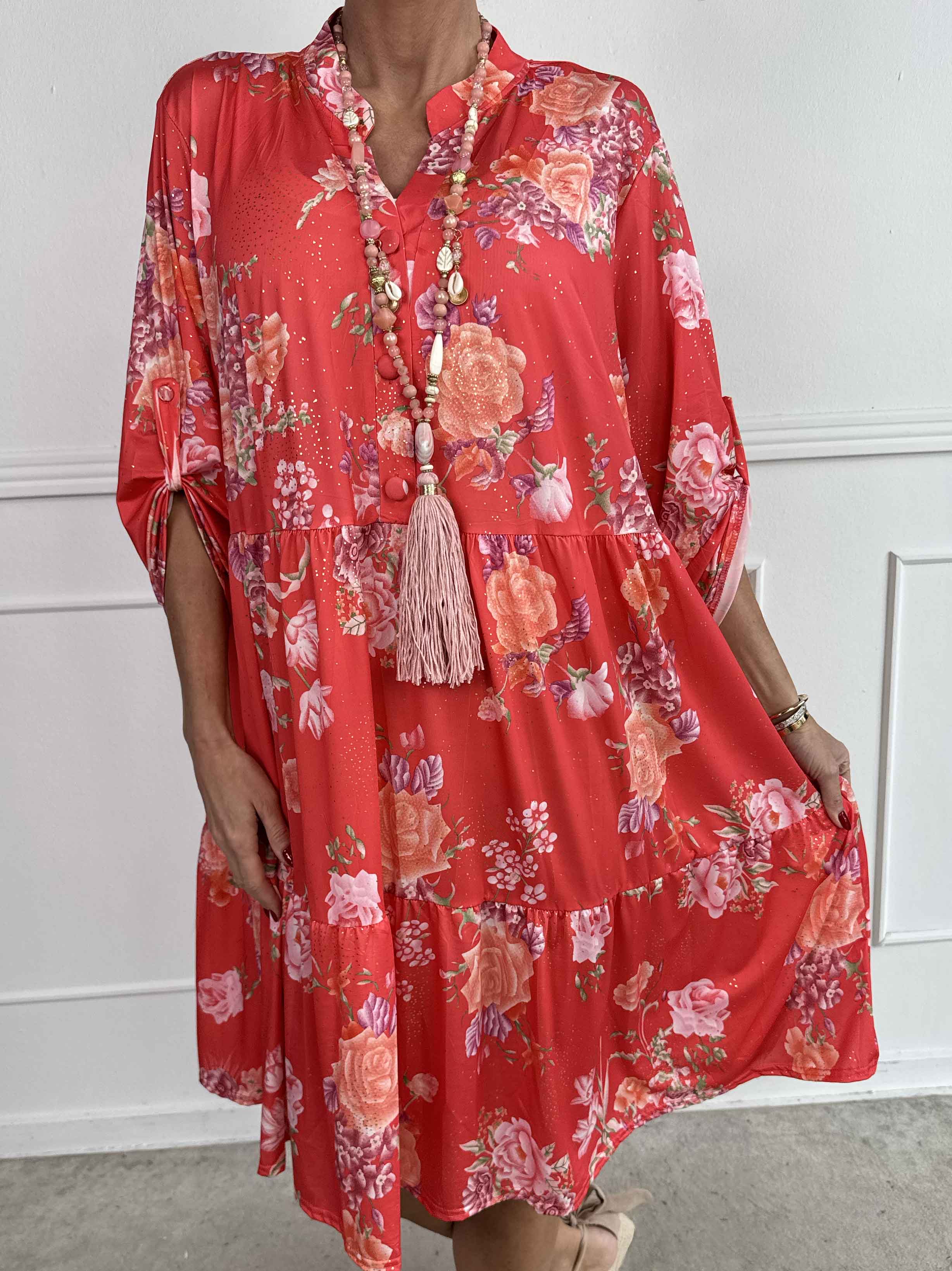 Milano Bouquet Midi - Elastisk kjole med smukt blomsterprint og diskret guldglimmer