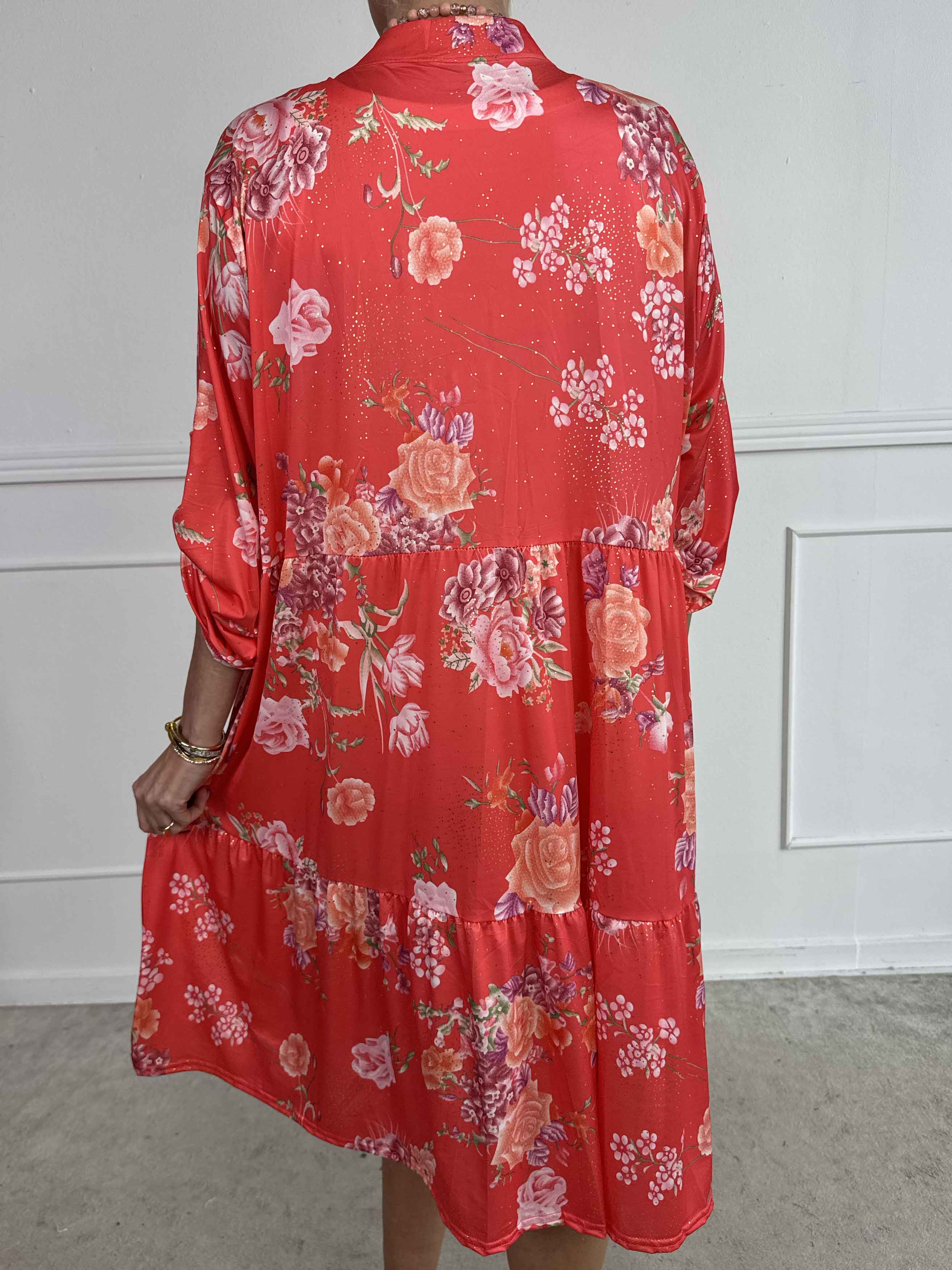 Milano Bouquet Midi - Elastisk kjole med smukt blomsterprint og diskret guldglimmer