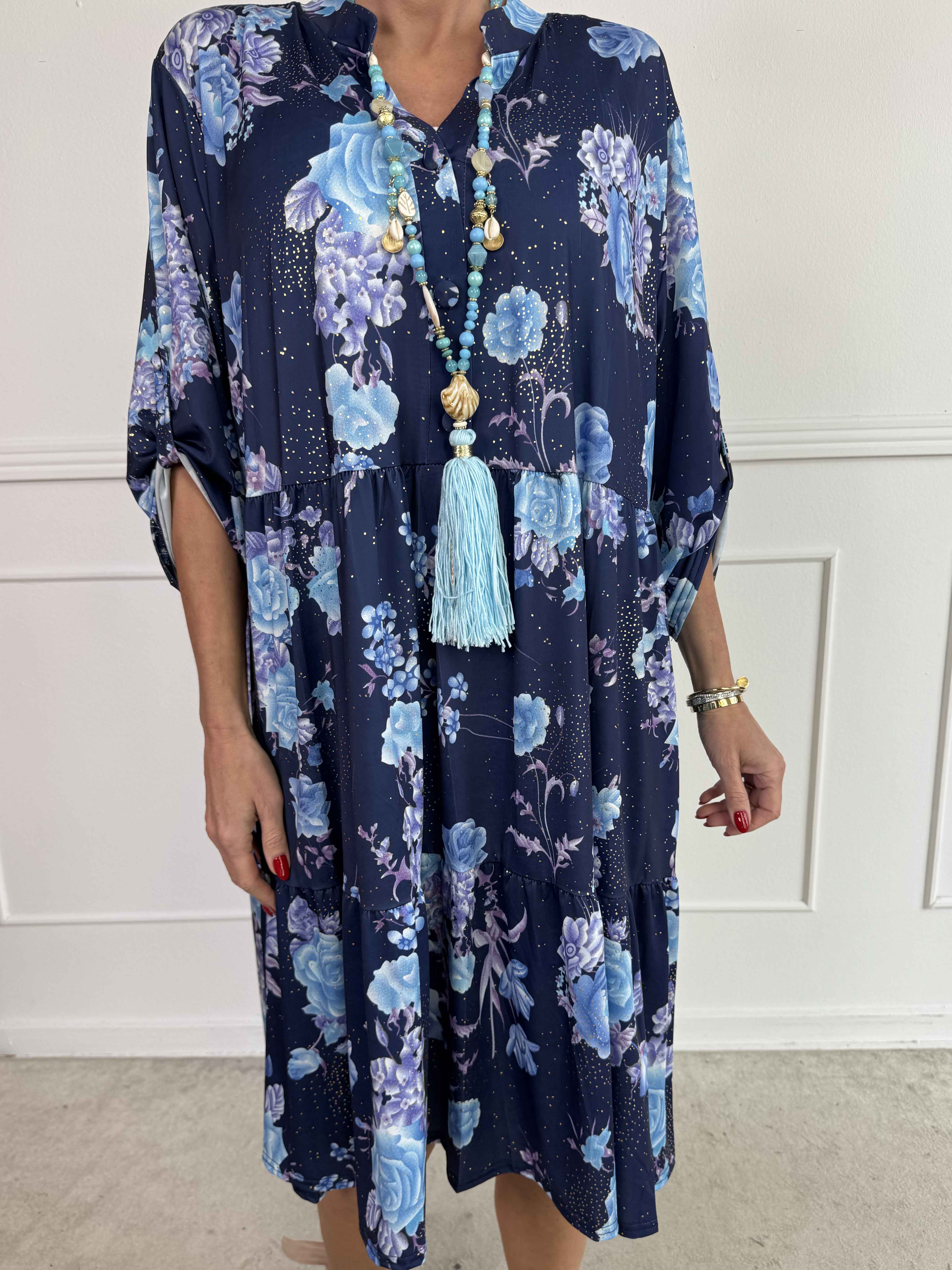 Milano Bouquet Midi - Elastisk kjole med smukt blomsterprint og diskret guldglimmer