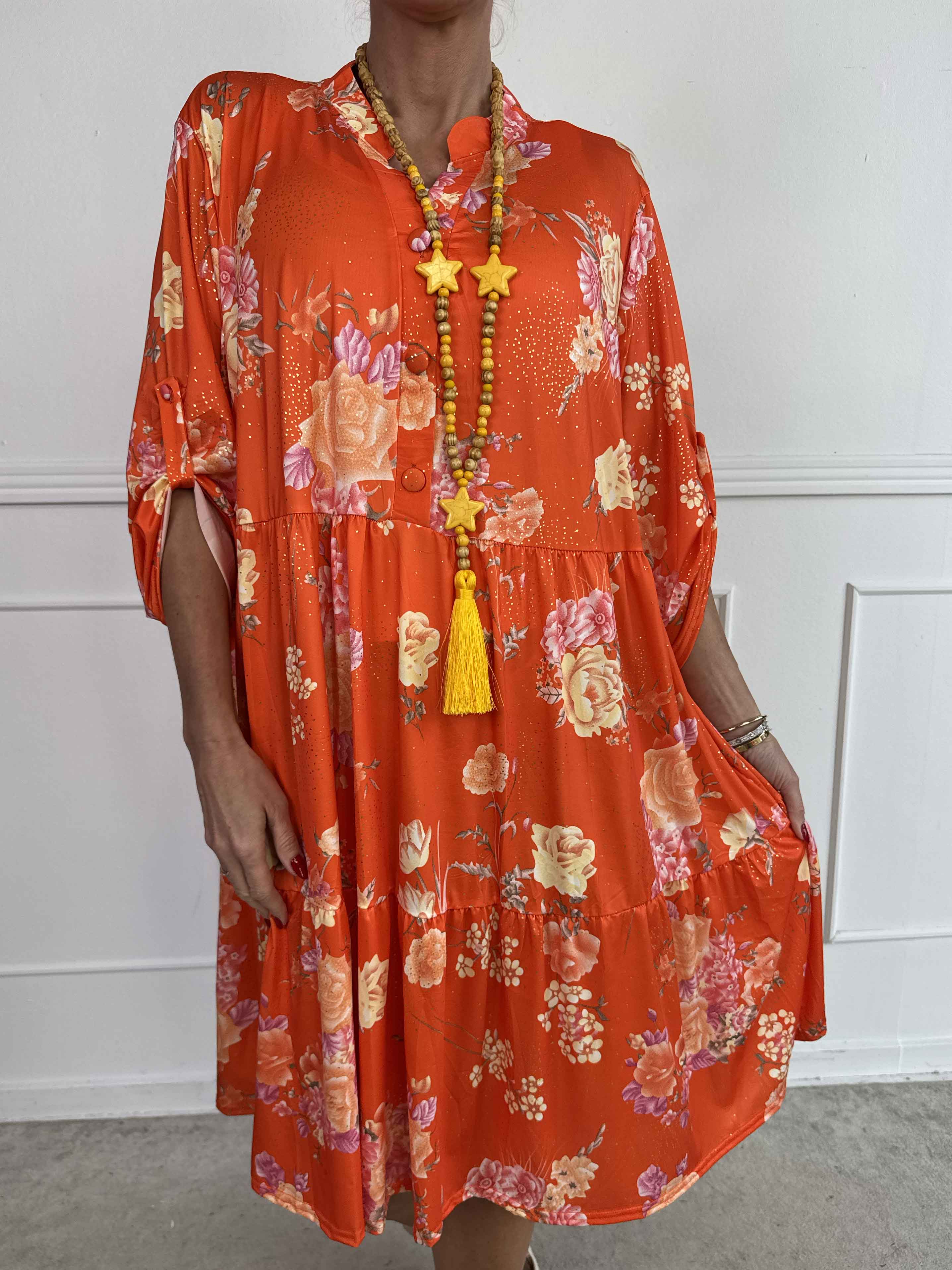 Milano Bouquet Midi - Elastisk kjole med smukt blomsterprint og diskret guldglimmer