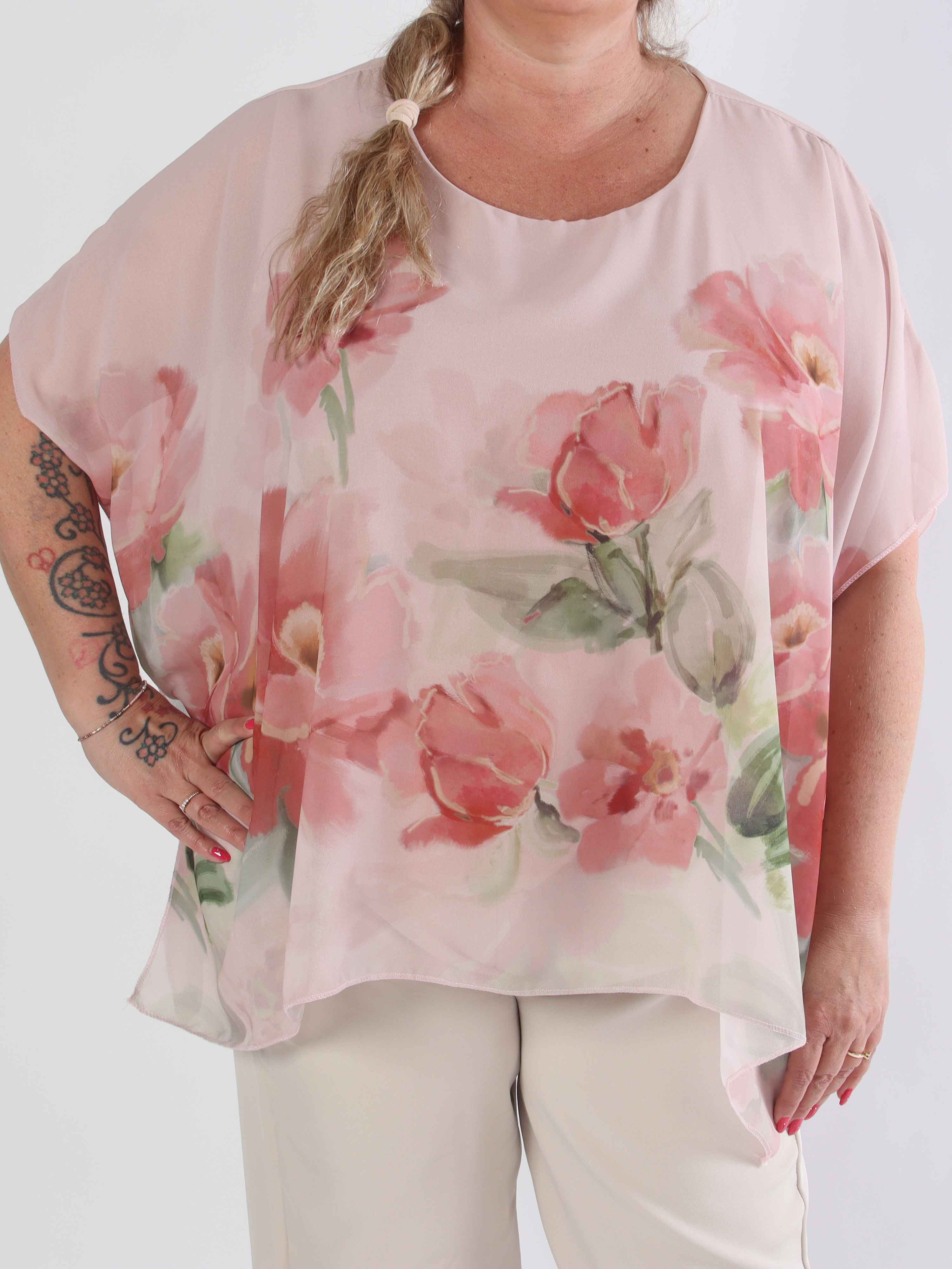 Mirabella Shirt - Plus size tunika med løst chiffonlag med blomstermotiver