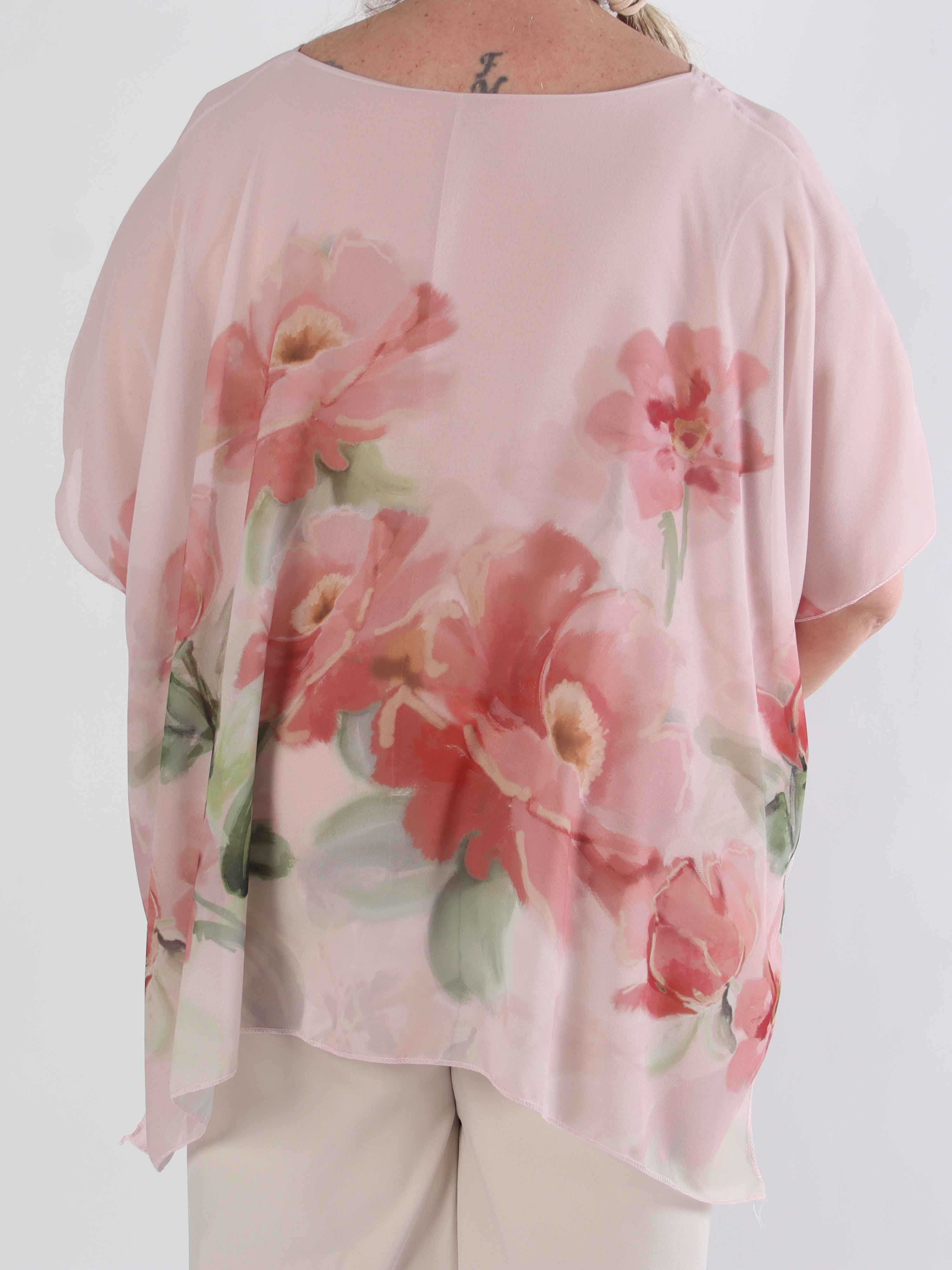Mirabella Shirt - Plus size tunika med løst chiffonlag med blomstermotiver