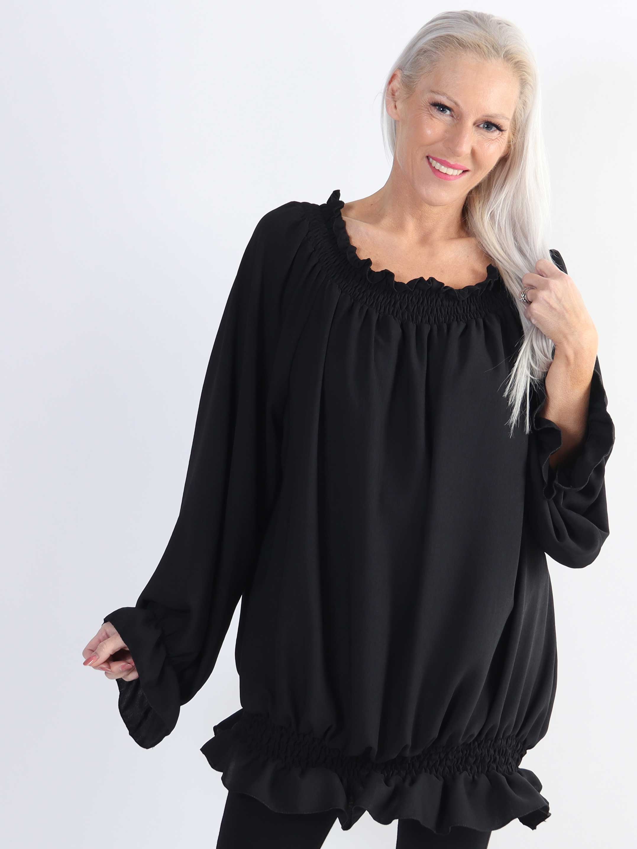 Monik - Ensfarvet plus size tunika med elastik- og flæsekanter