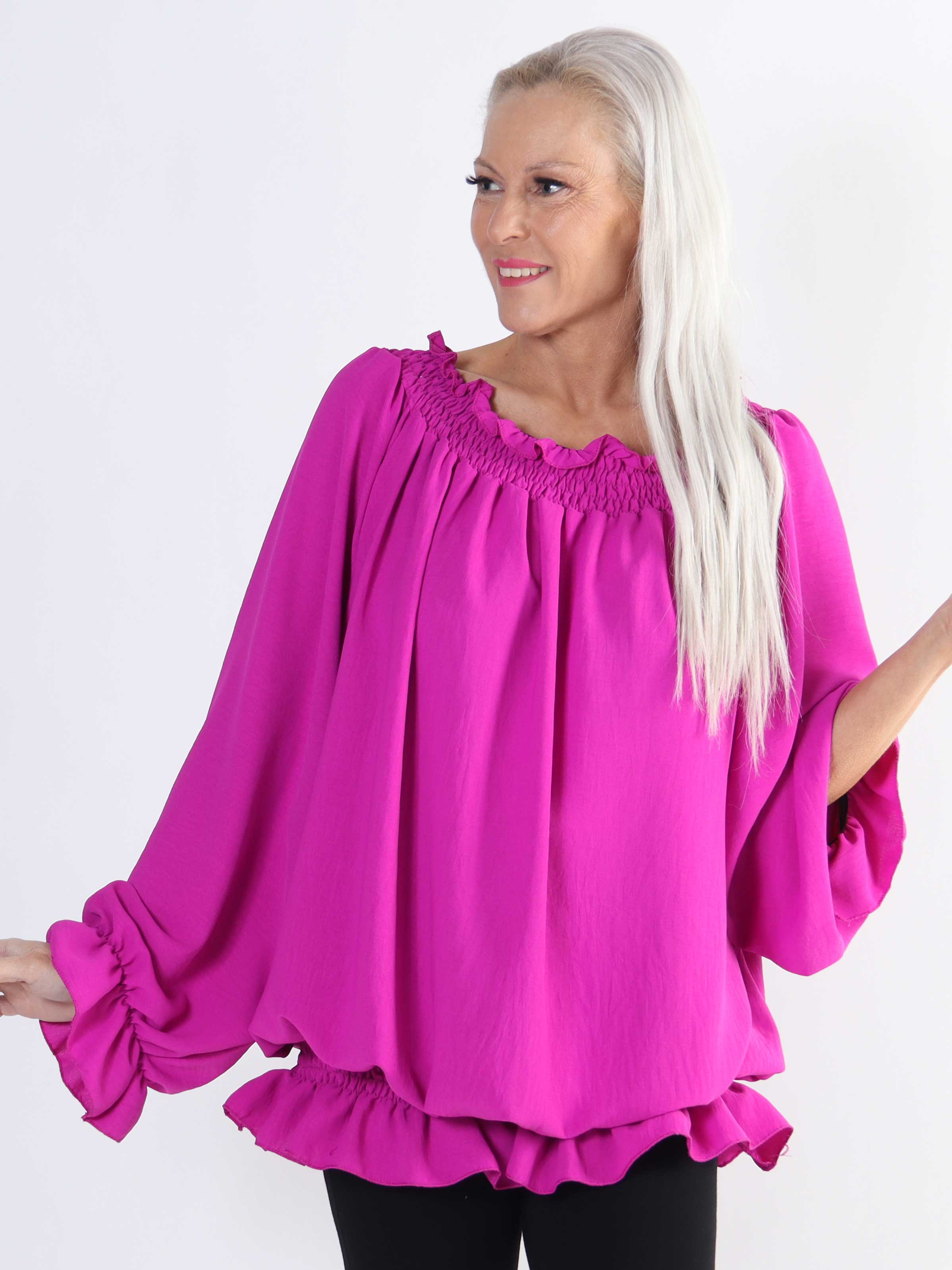 Monik - Ensfarvet plus size tunika med elastik- og flæsekanter