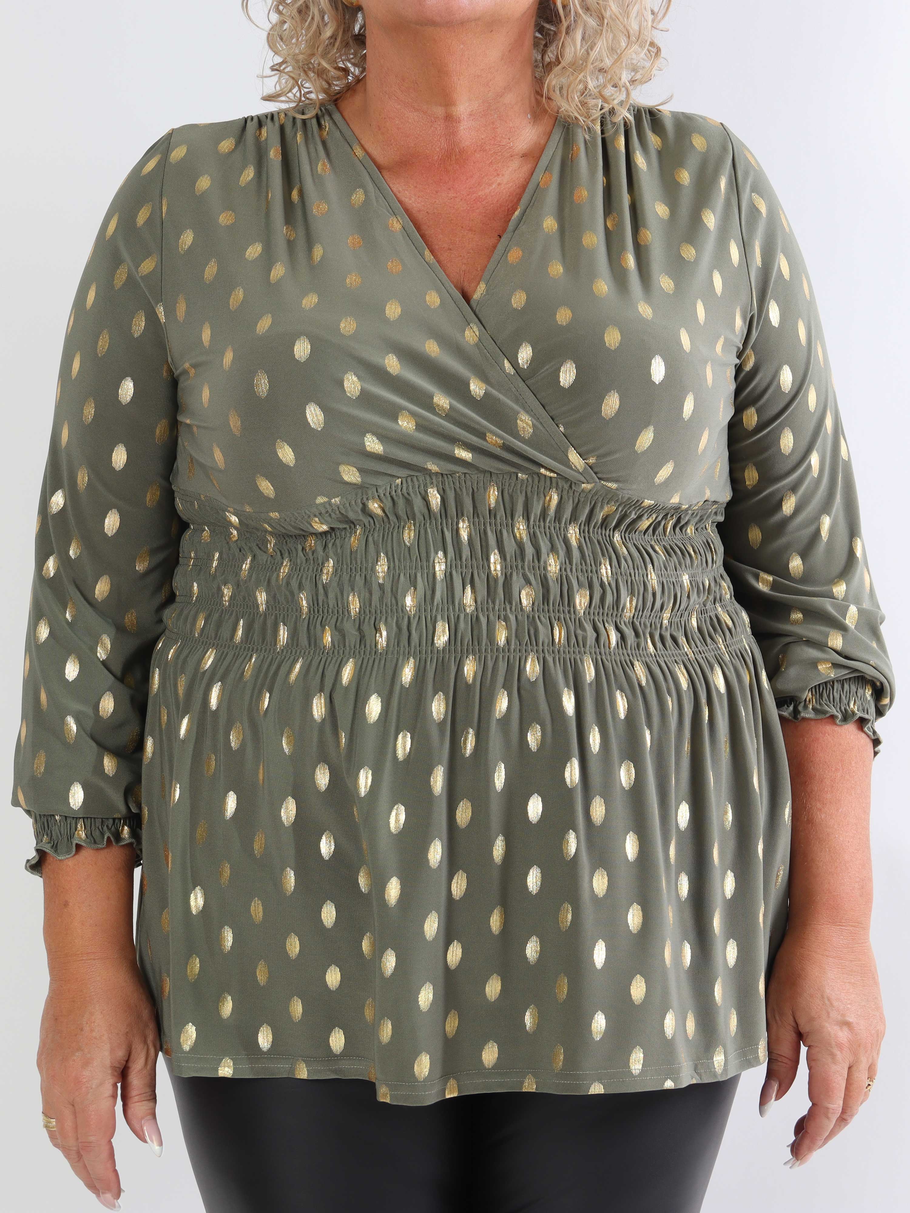 Pams Gold Dot Shirt L/S - Elastisk plus size bluse i krølfrit stof