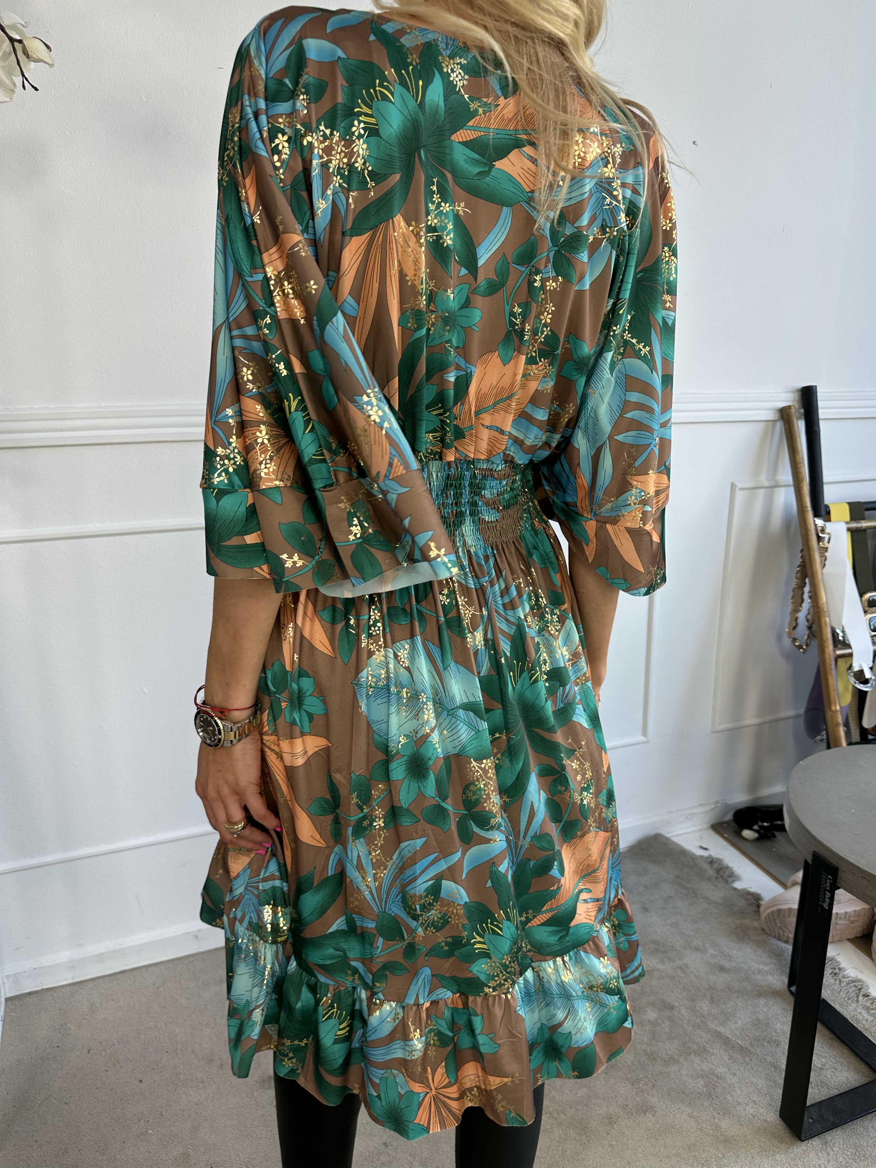 Pamela Gold Flower Short - Elastisk kjole med smock og flæser