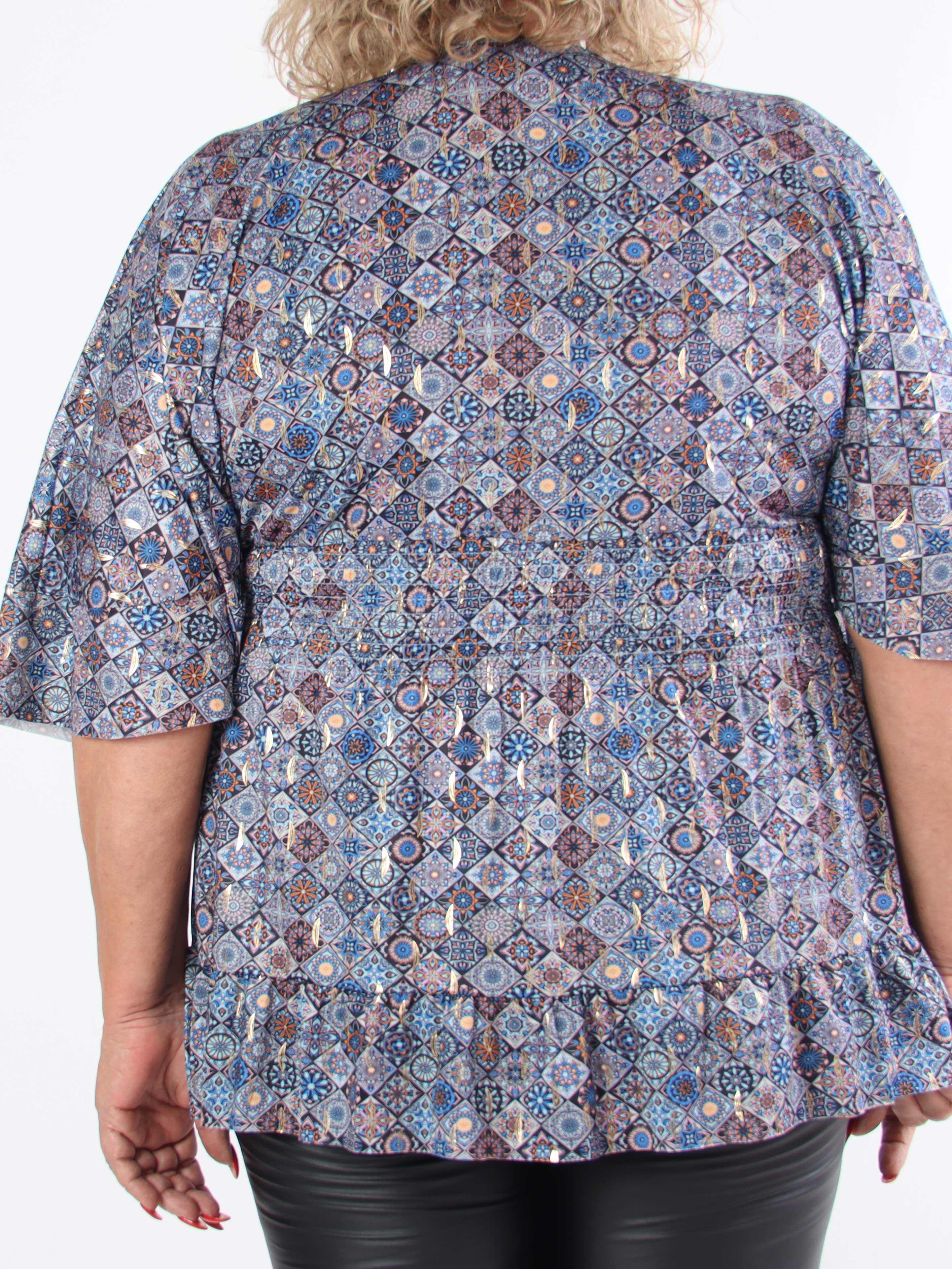 Pamela Mosaic Shirt - Elastisk plus size tunika med smock og flæser