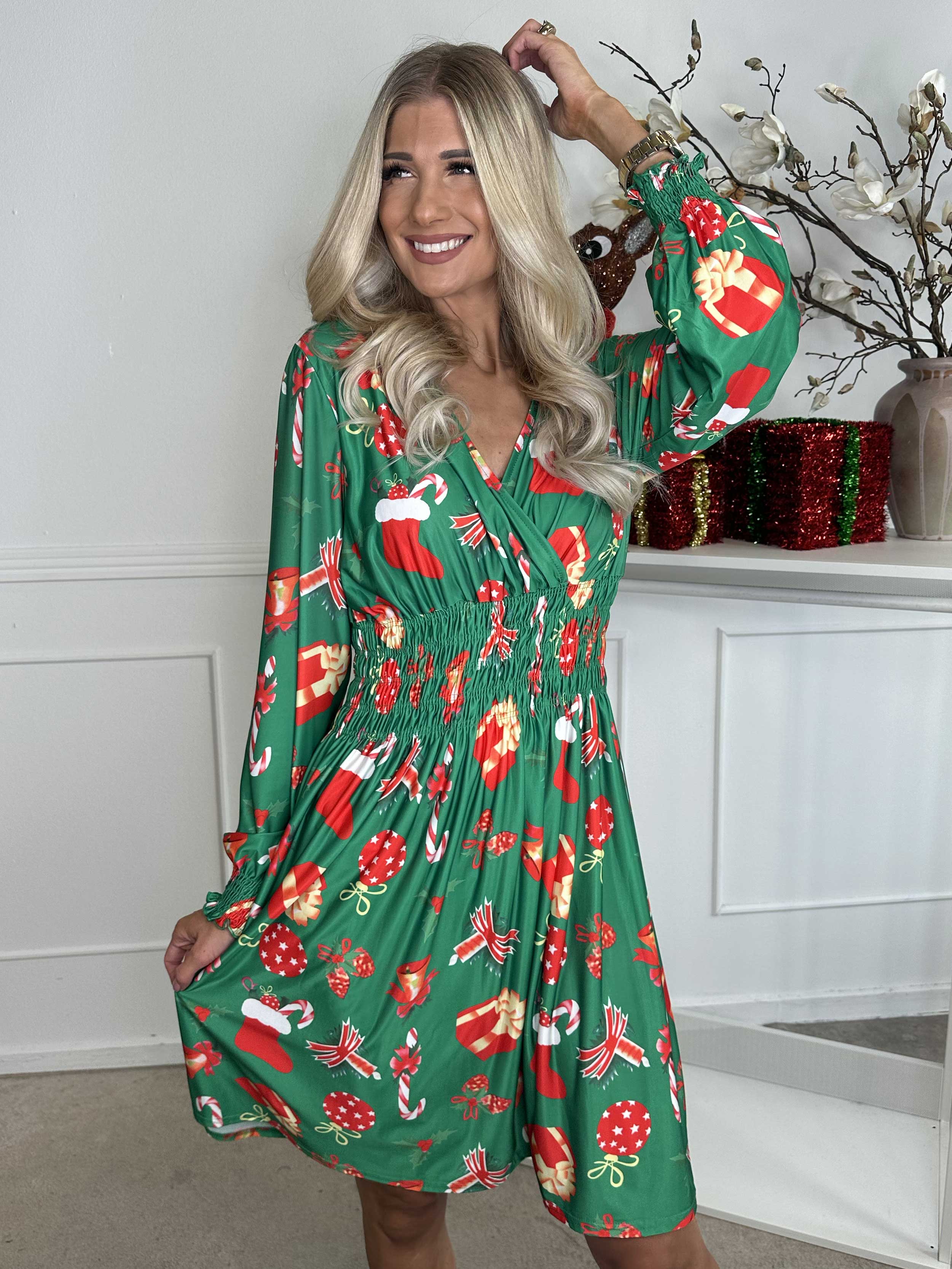 Pams Holiday Short L/S - Elastisk kjole med julemotiver