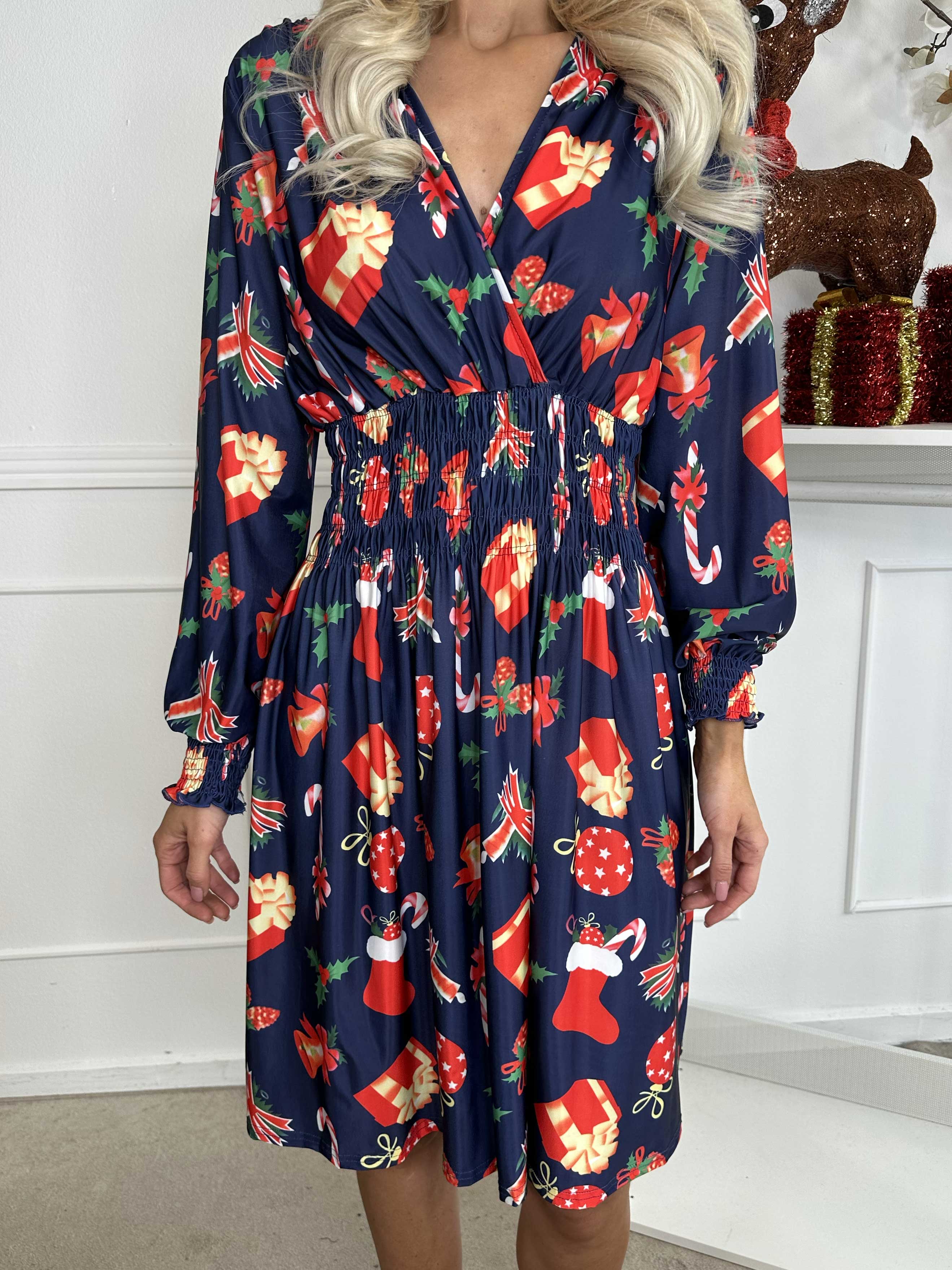 Pams Holiday Short L/S - Elastisk kjole med julemotiver