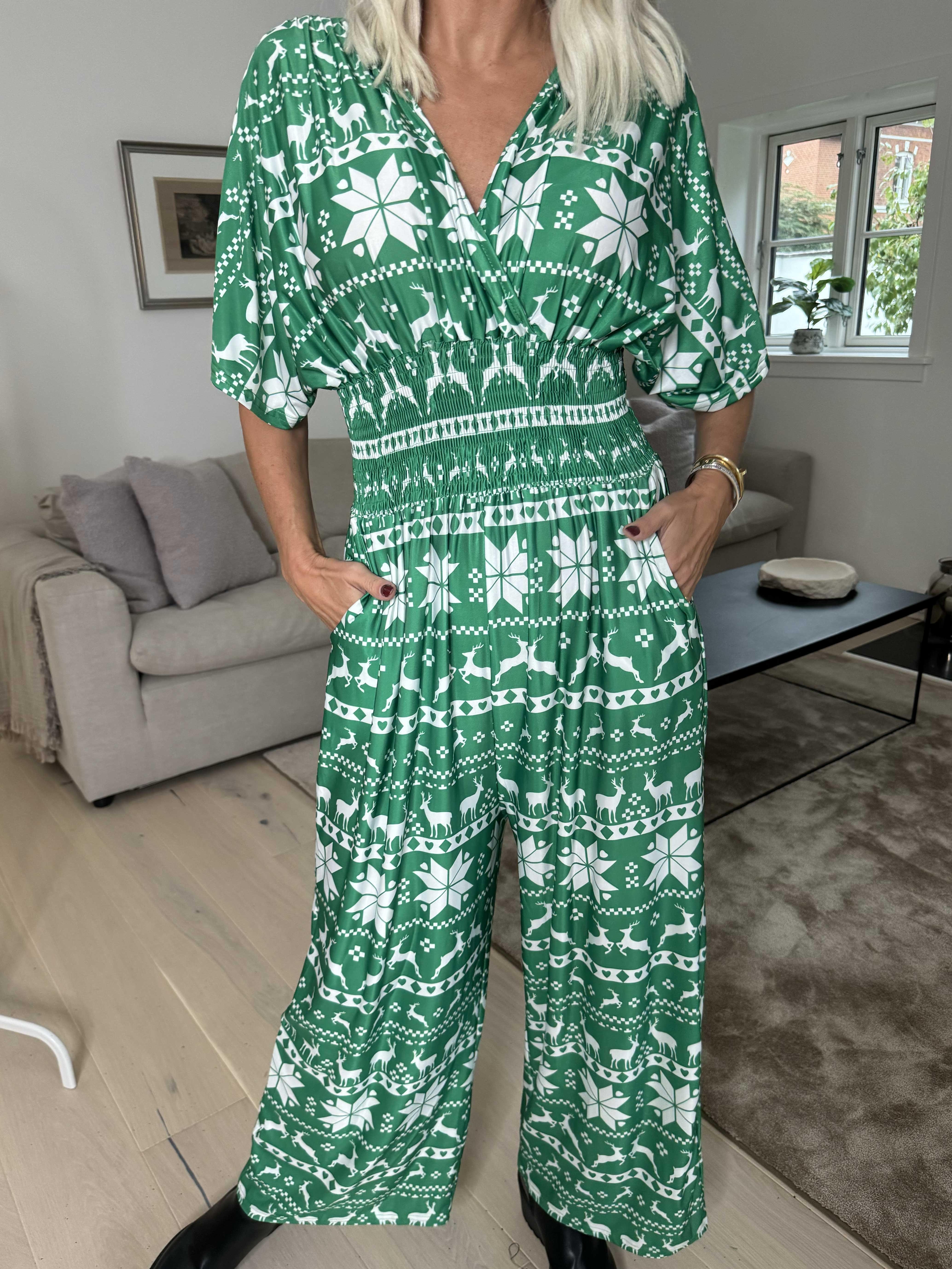 Pams Snow Jumpsuit - Elastisk buksedragt med juleprint