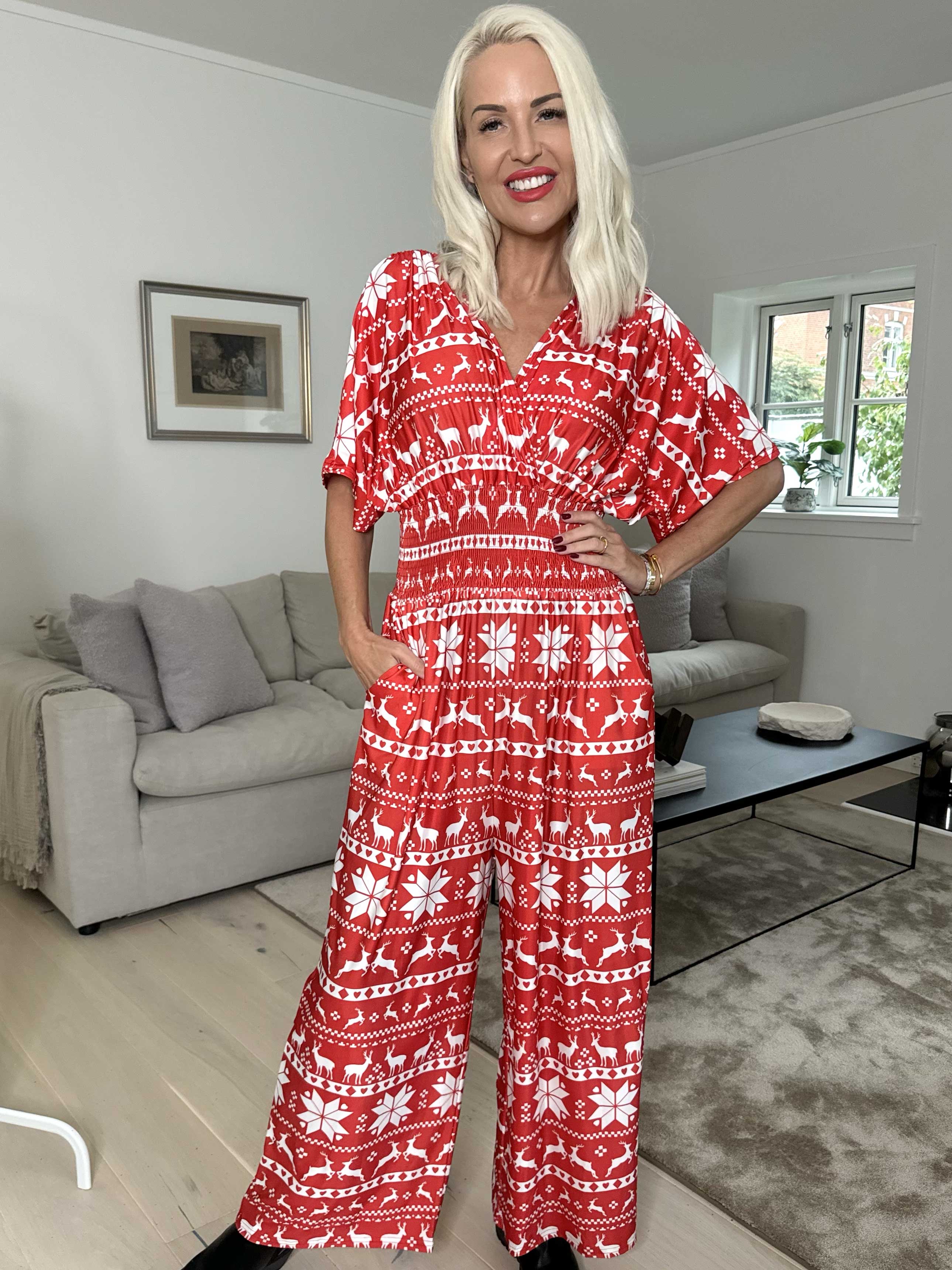 Pams Snow Jumpsuit - Elastisk buksedragt med juleprint