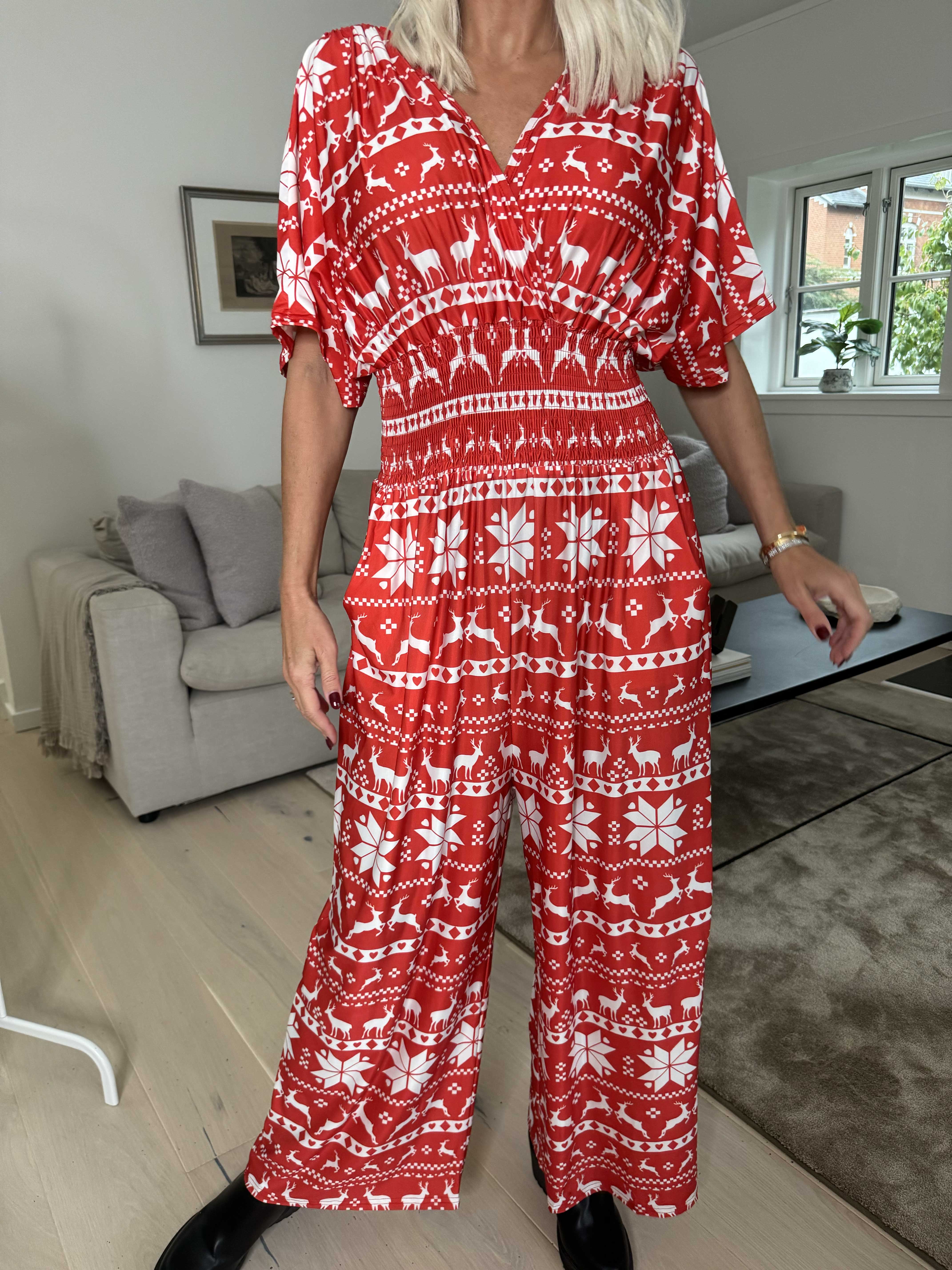 Pams Snow Jumpsuit - Elastisk buksedragt med juleprint