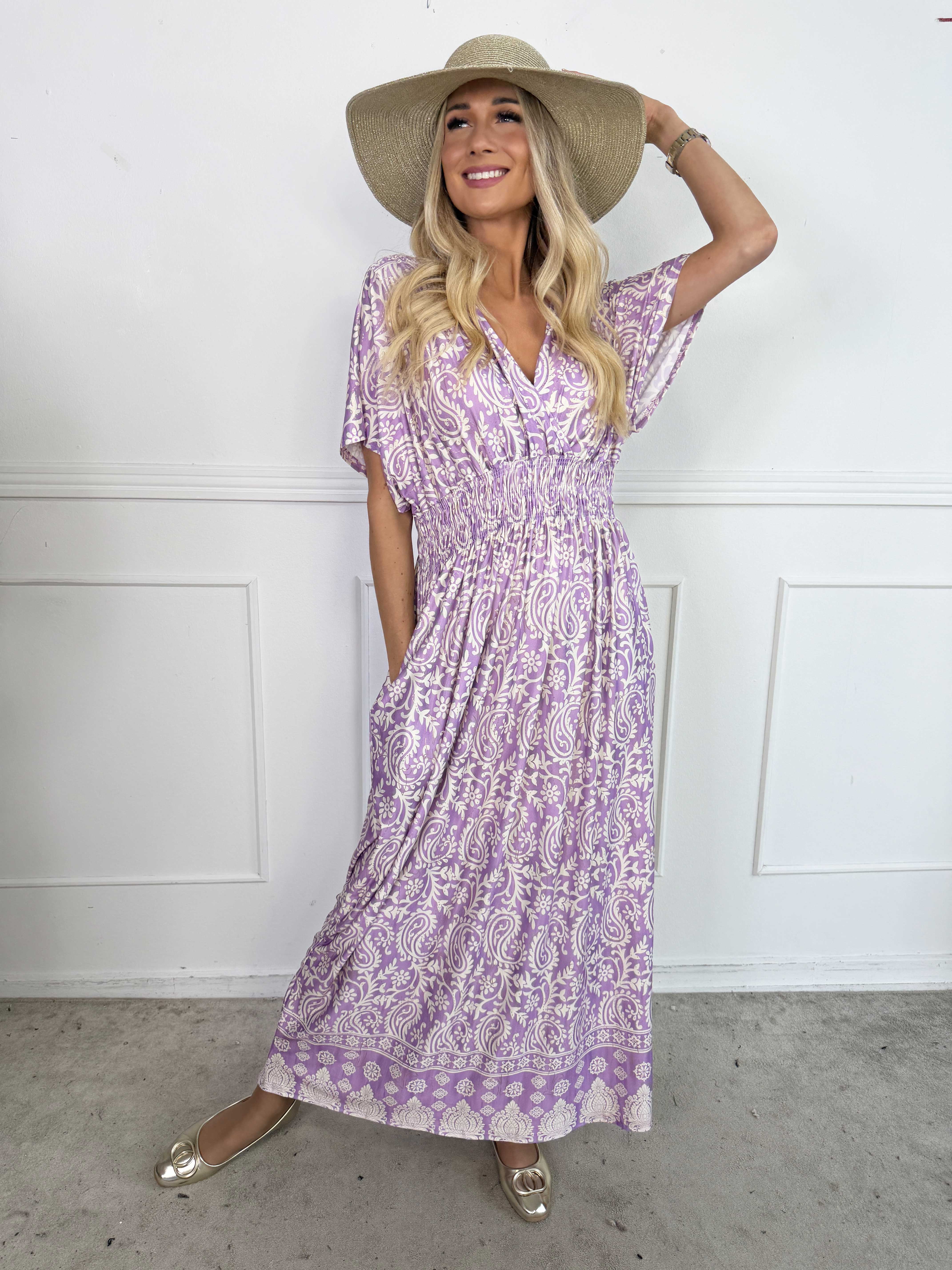 Pams Boteh - Lang elastisk mønstret kjole med lommer