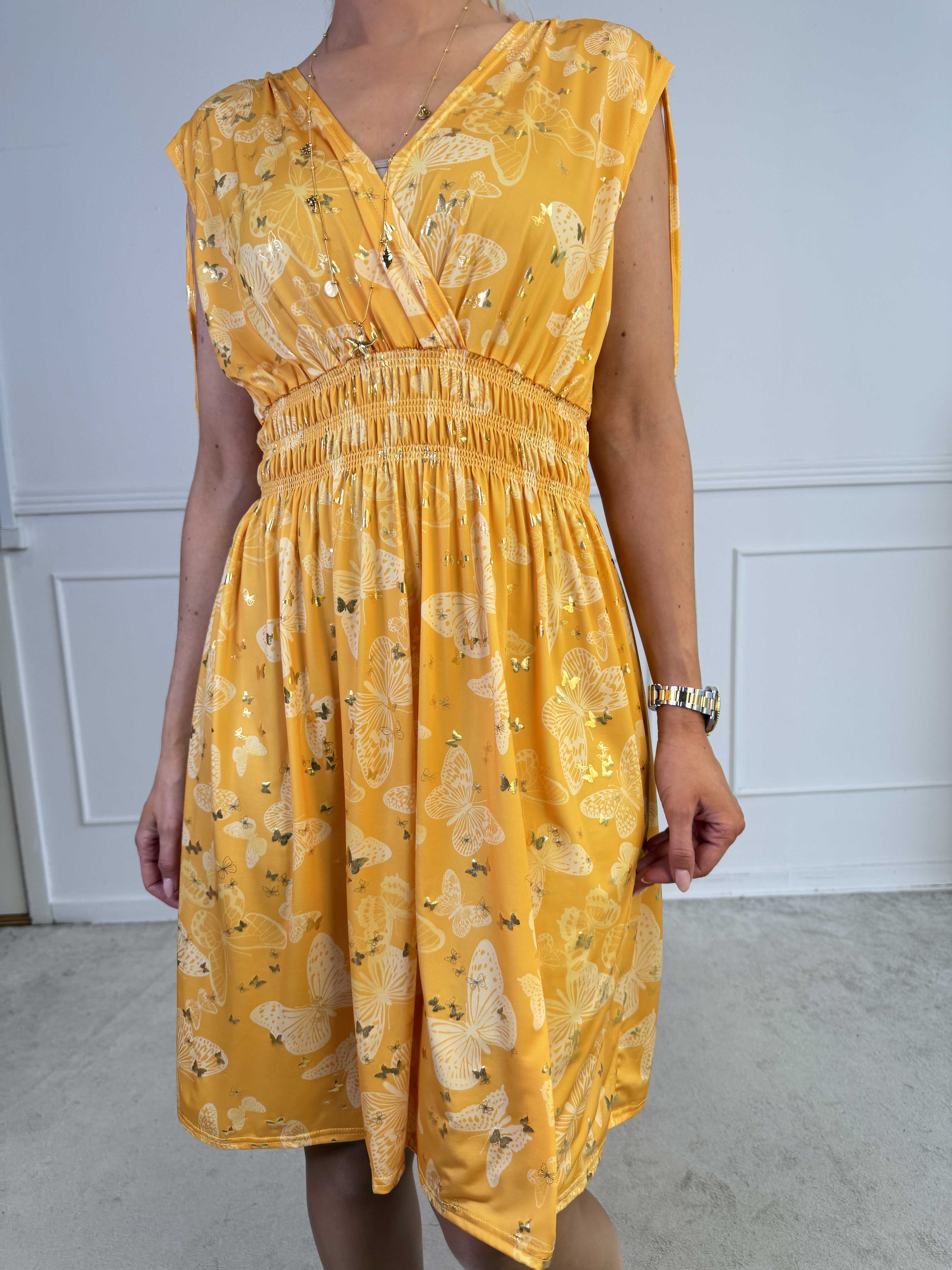 Pams Butterfly Sleeveless Short - Elastisk kjole med sommerfugleprint og smock i livet