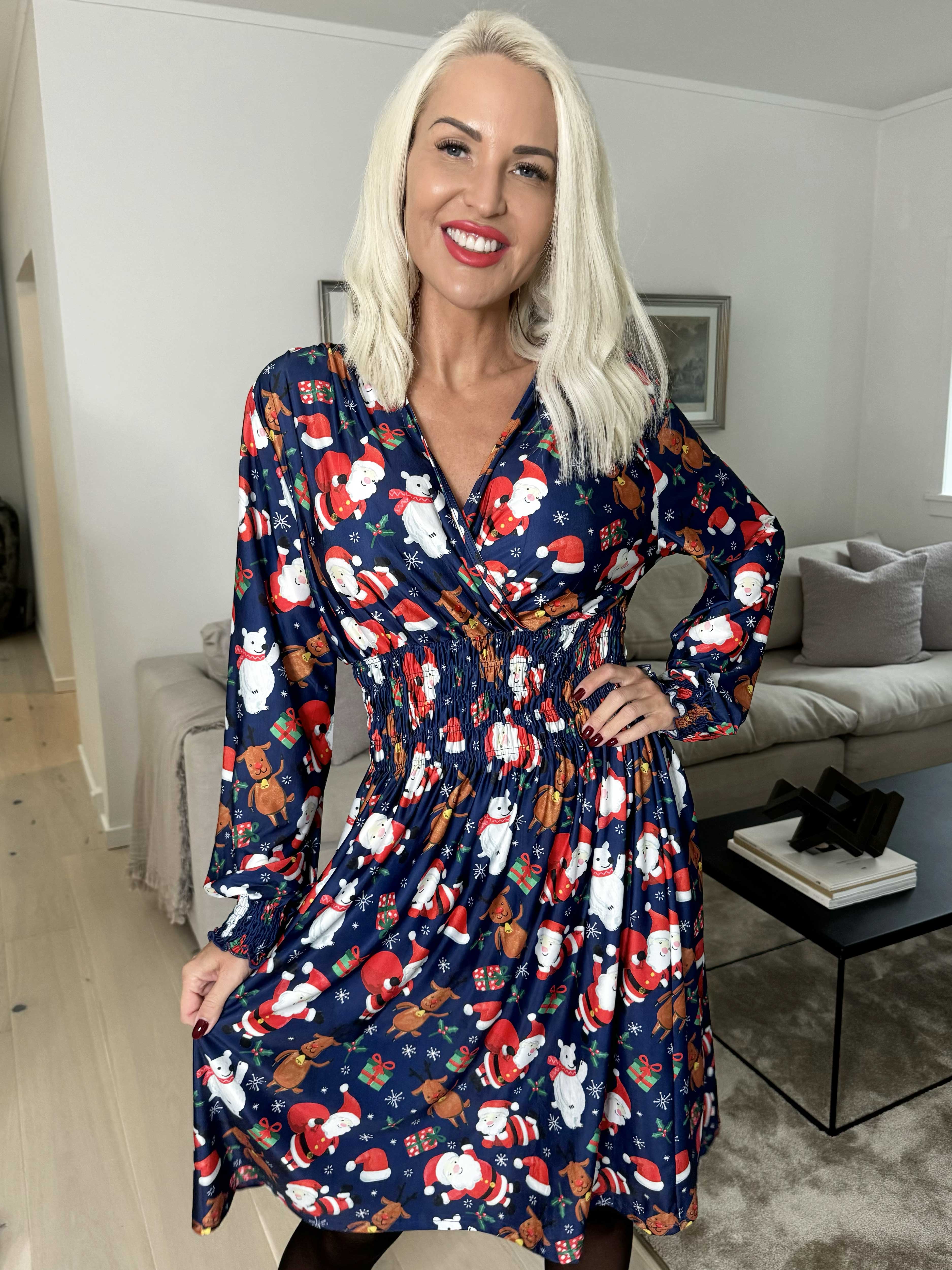 Pams Christmas Short L/S - Elastisk kjole med juleprint