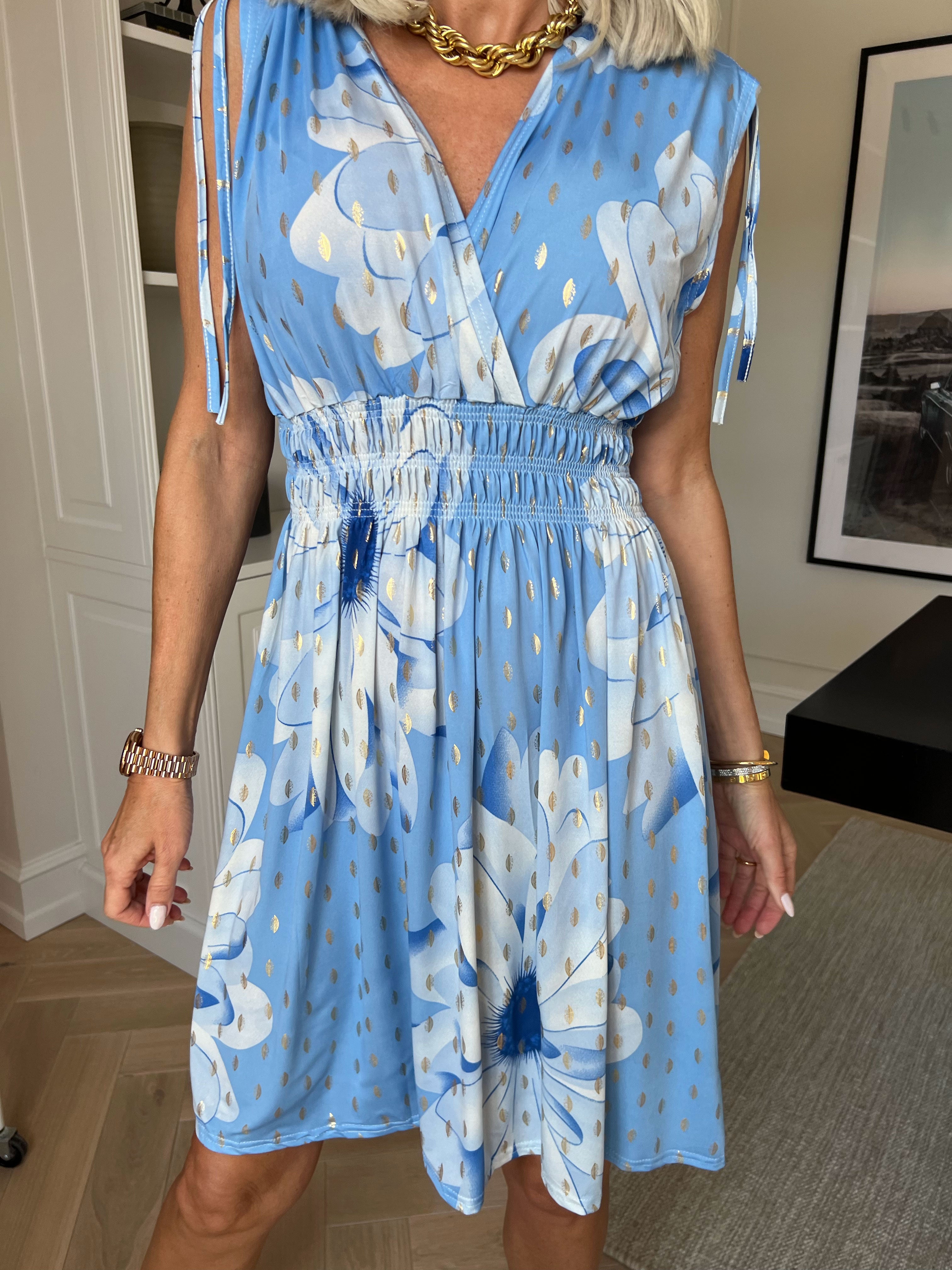 Pams Eden Short - Kort elastisk kjole med blomster og guld detaljer