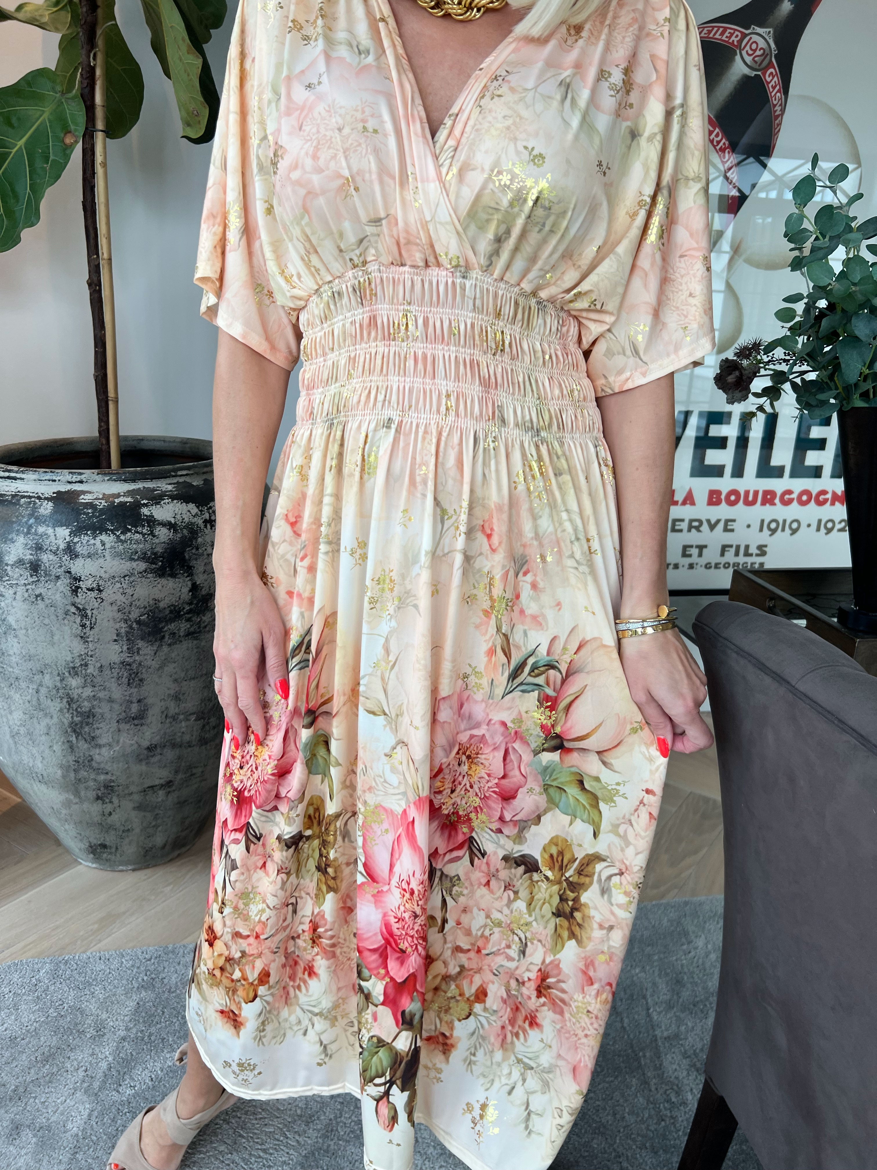 Pams Ethereal Midi - Elastisk kjole med blomster motiver og guld detaljer