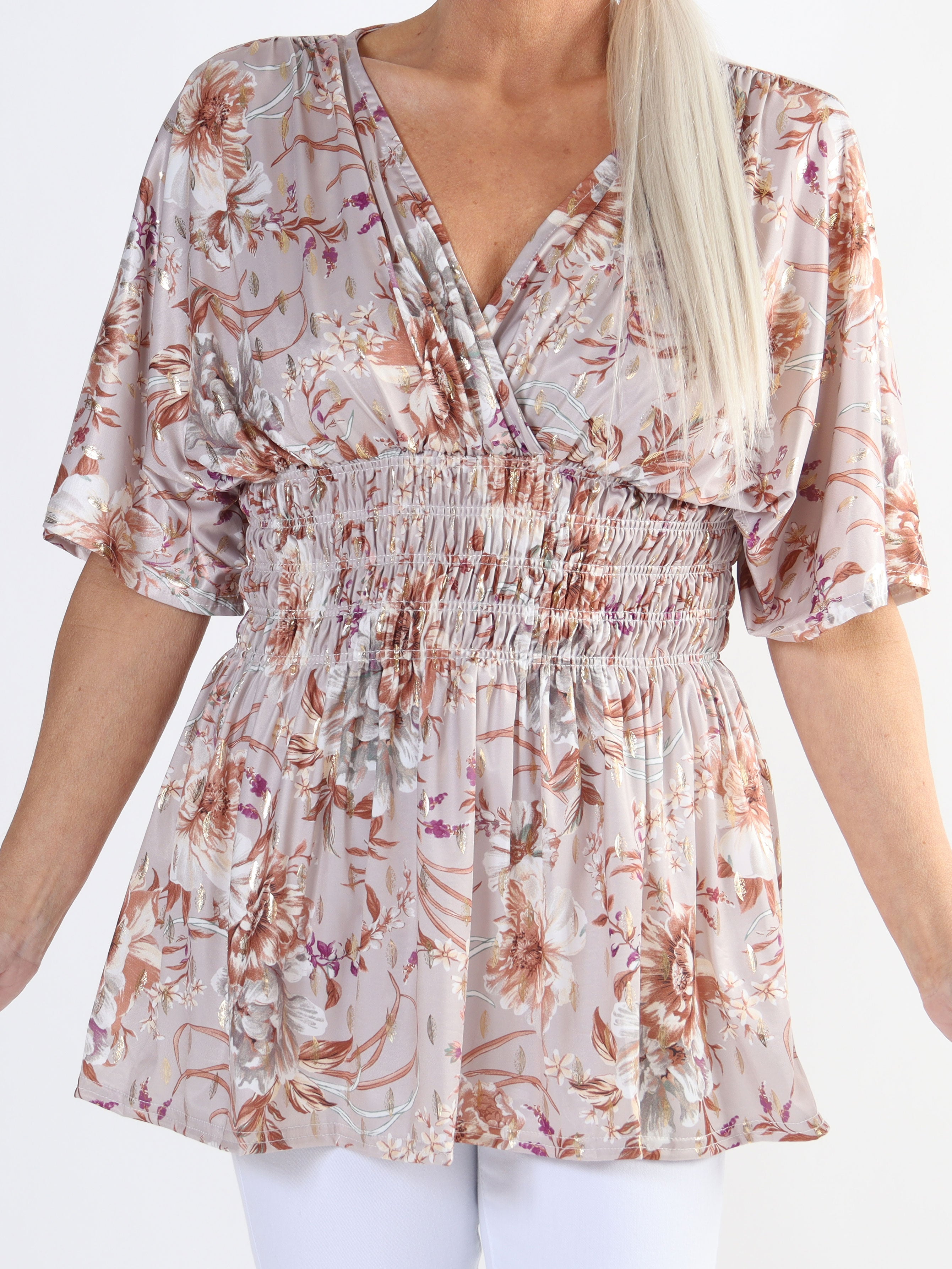 Pams Flower Shirt - Plus size tunika i blomsterprint med smock