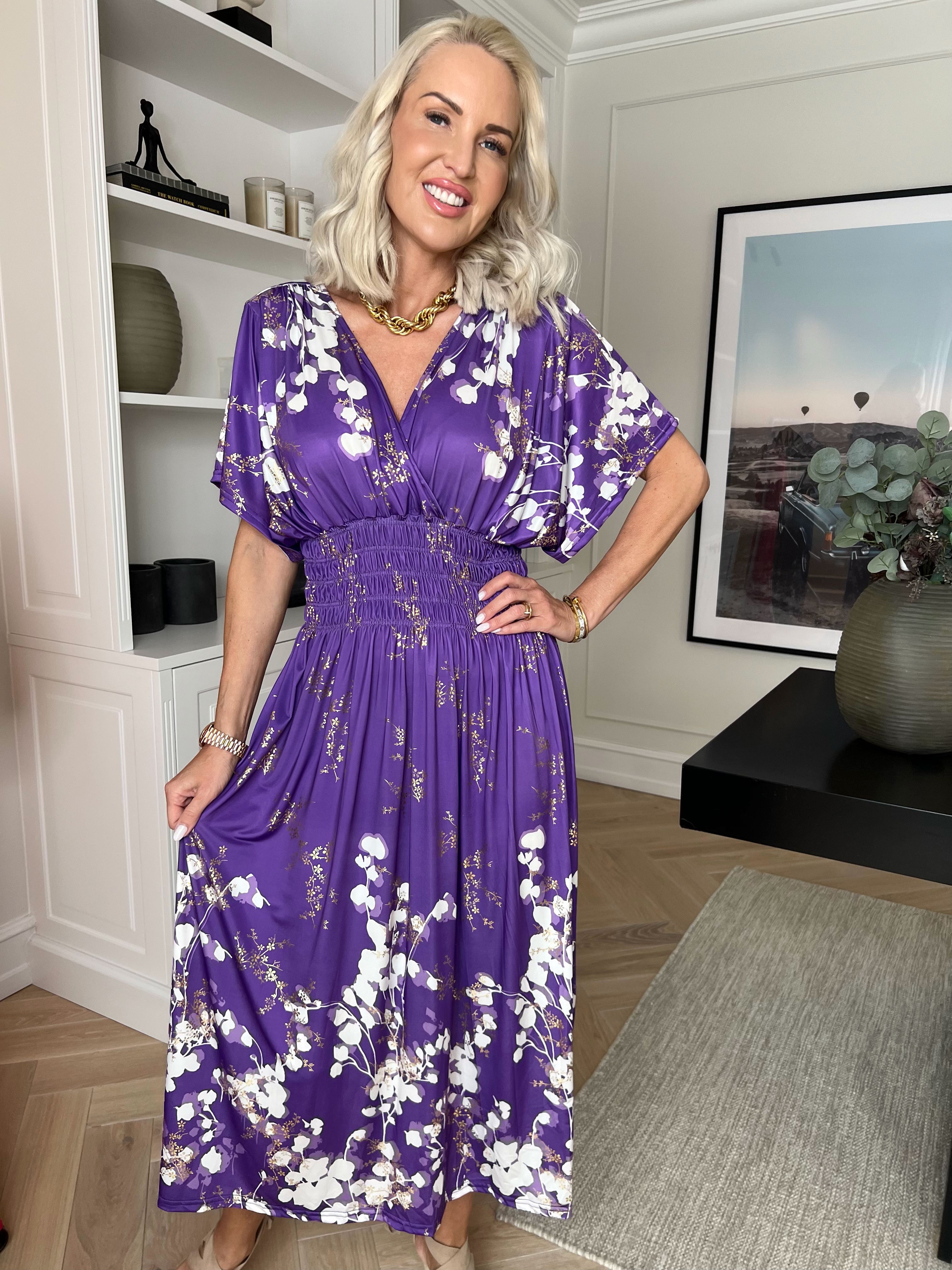 Pams Gilded Midi - Elastisk kjole med blomsterprint og guld blade.