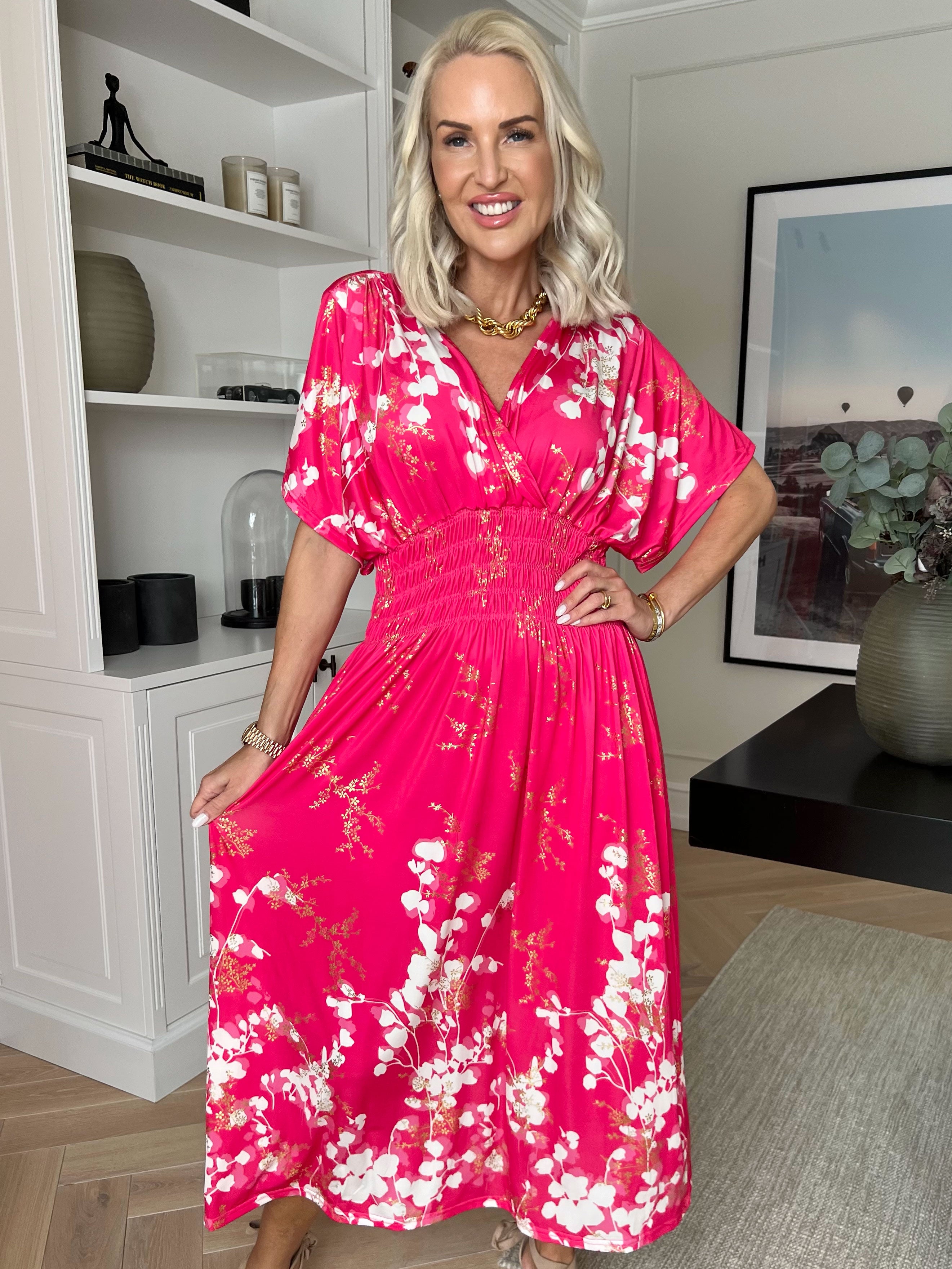 Pams Gilded Midi - Elastisk kjole med blomsterprint og guld blade.